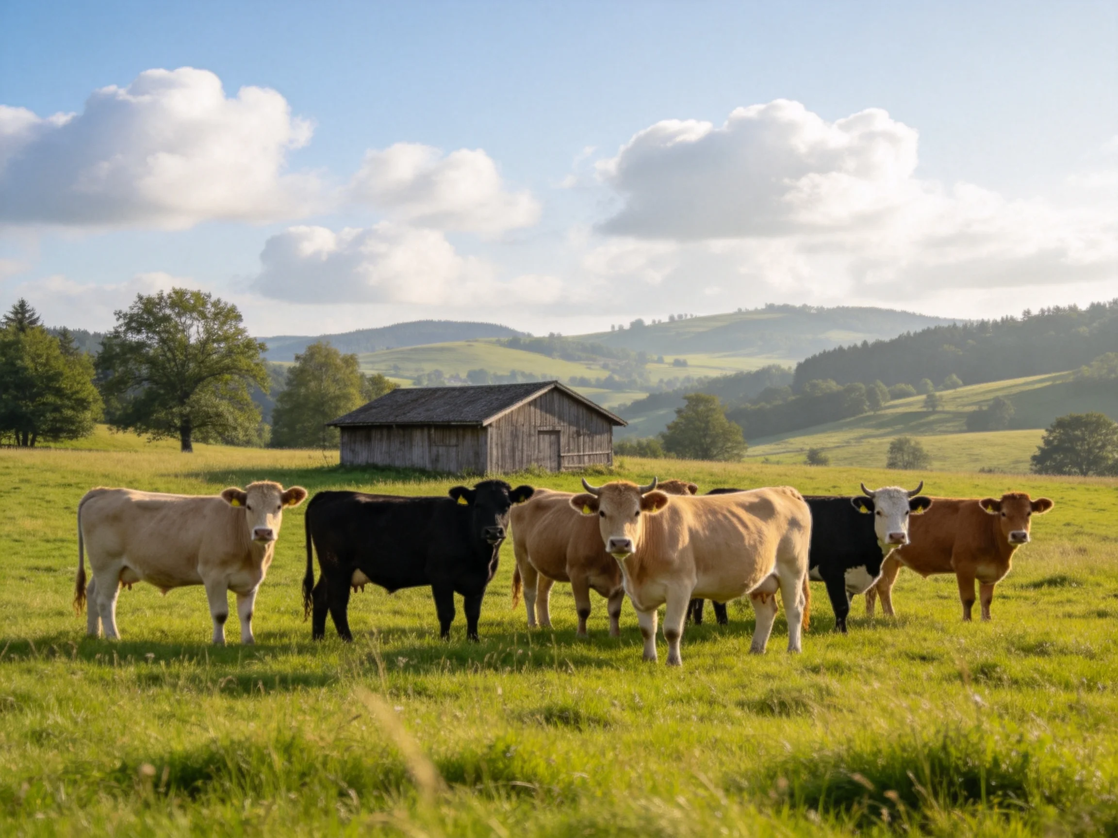 Six cows of assorted colors gather near an old wooden barn in a green pasture