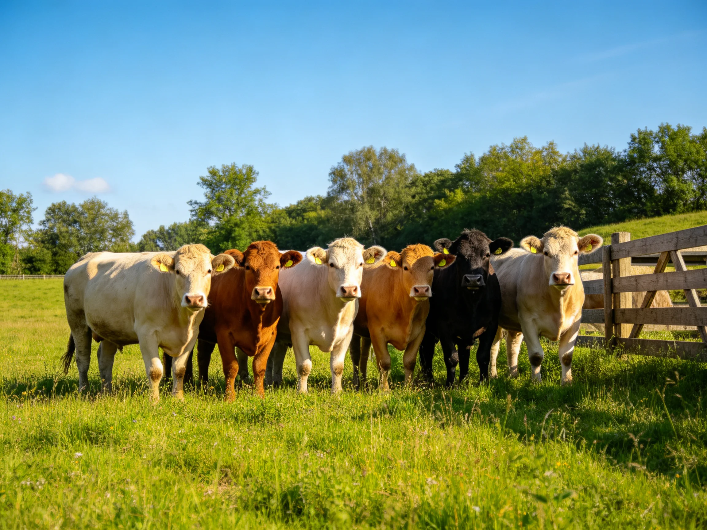 Six cows of assorted colors stand in a grassy field beside a wooden fence