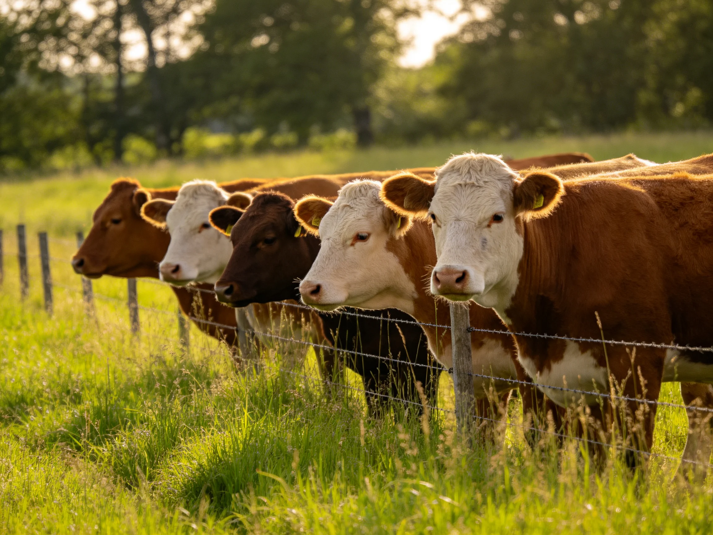 Six cows of mixed browns and whites near a barbed wire fence