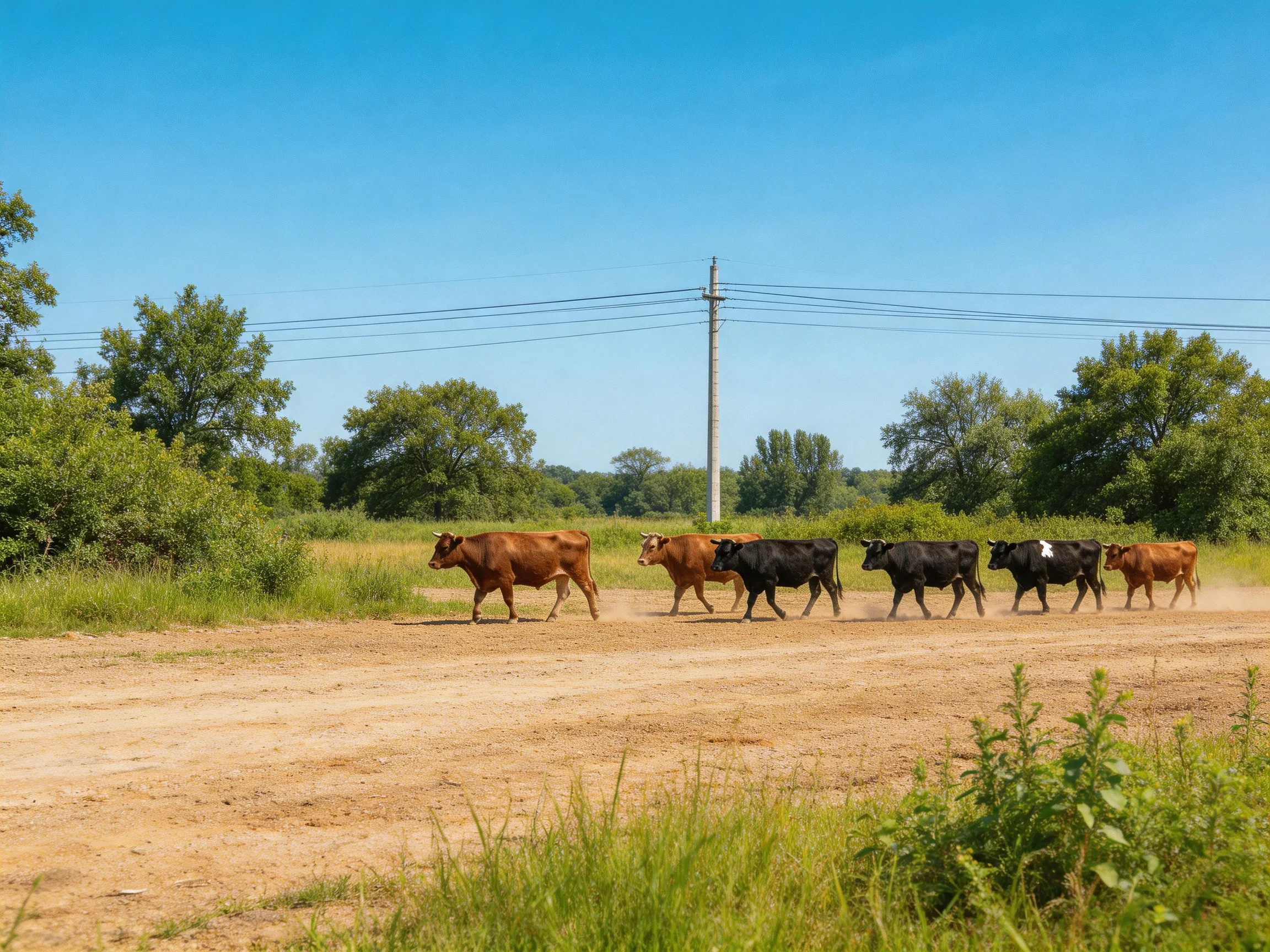 Six cows of mixed colors cross a dusty rural road