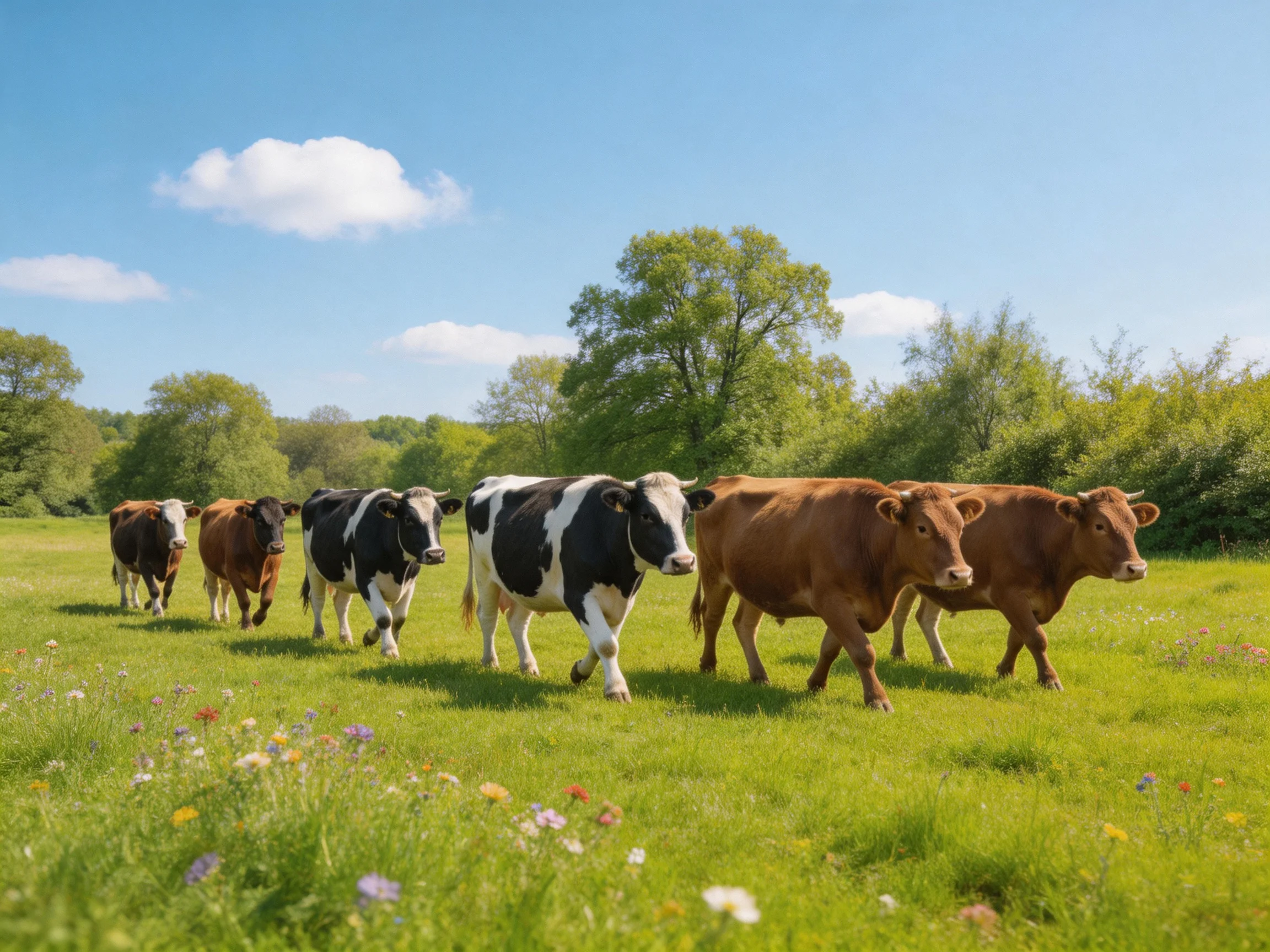 Six cows of mixed colors walk through a lush green meadow