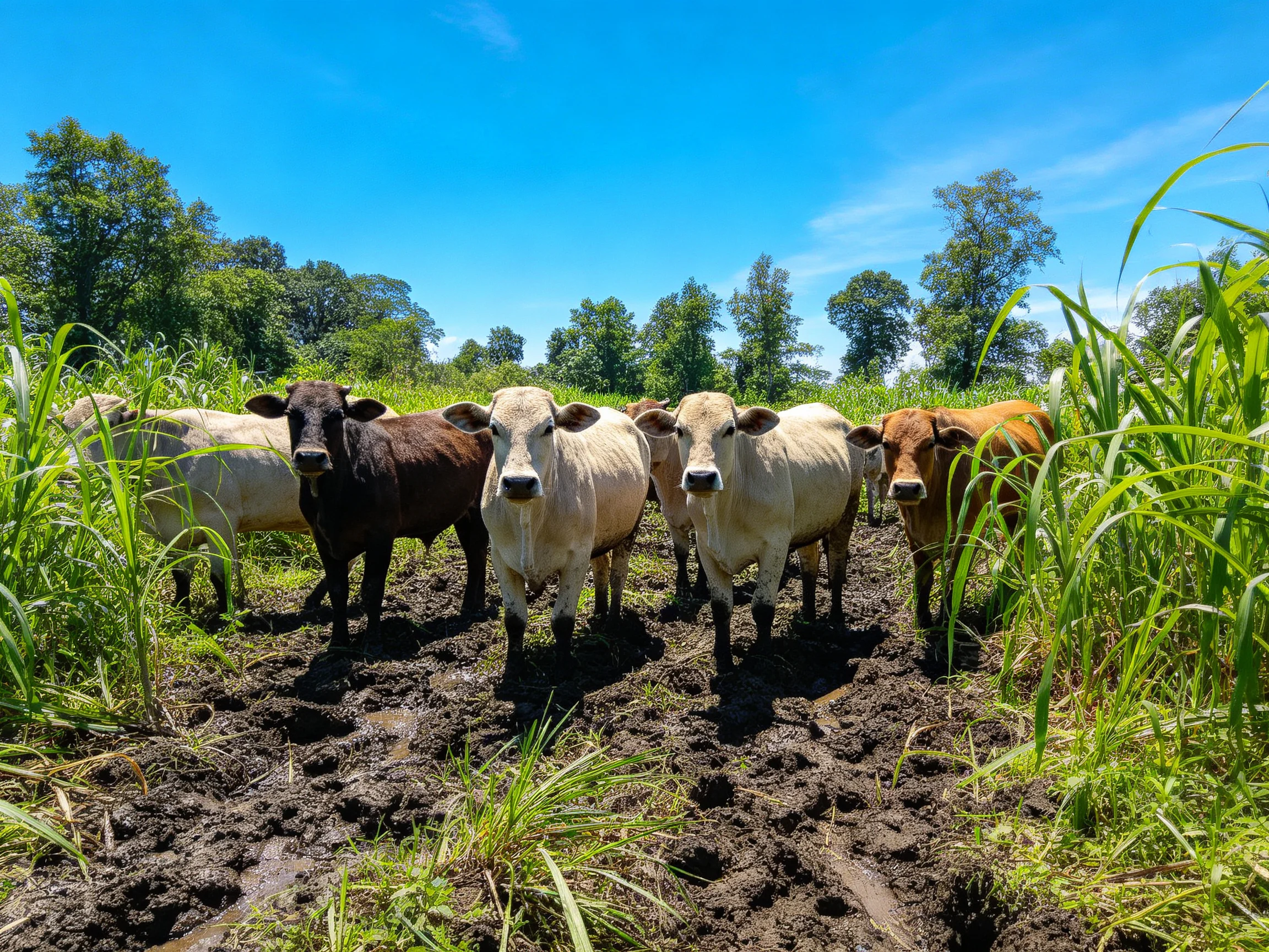 Six cows of various colors in a muddy pasture with tall green grass
