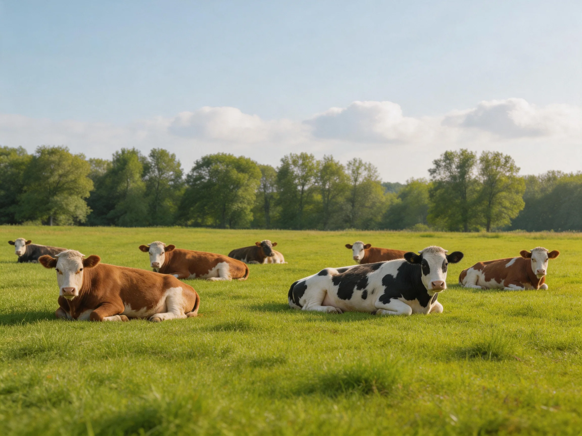 Six cows rest in a lush green pasture with brown and black-and-white coats