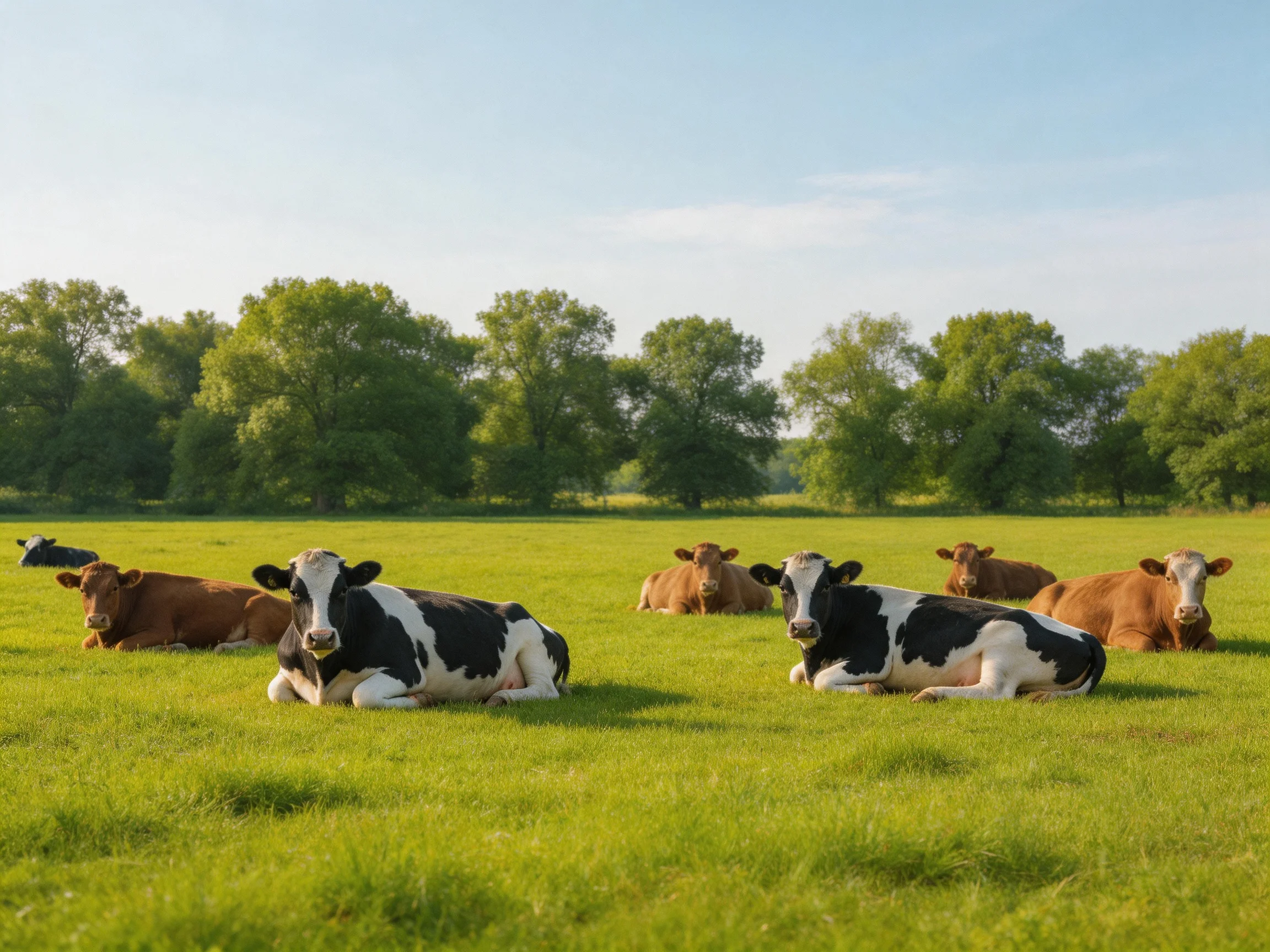 Six cows rest in a verdant meadow with leafy trees
