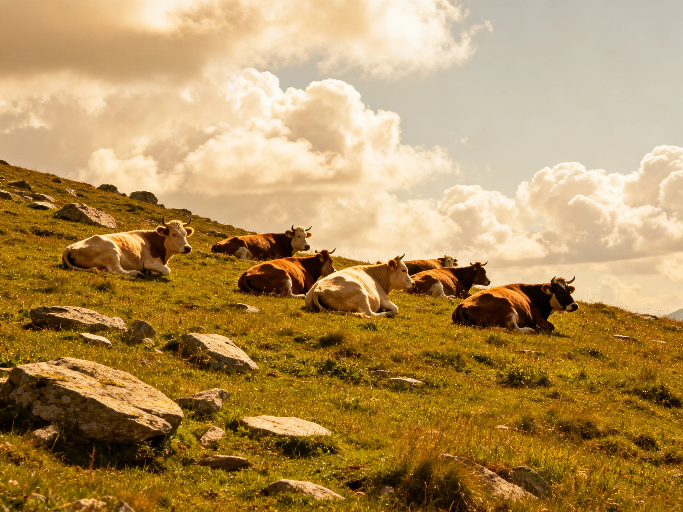 Six cows rest on a rocky green hillside under golden sunlight