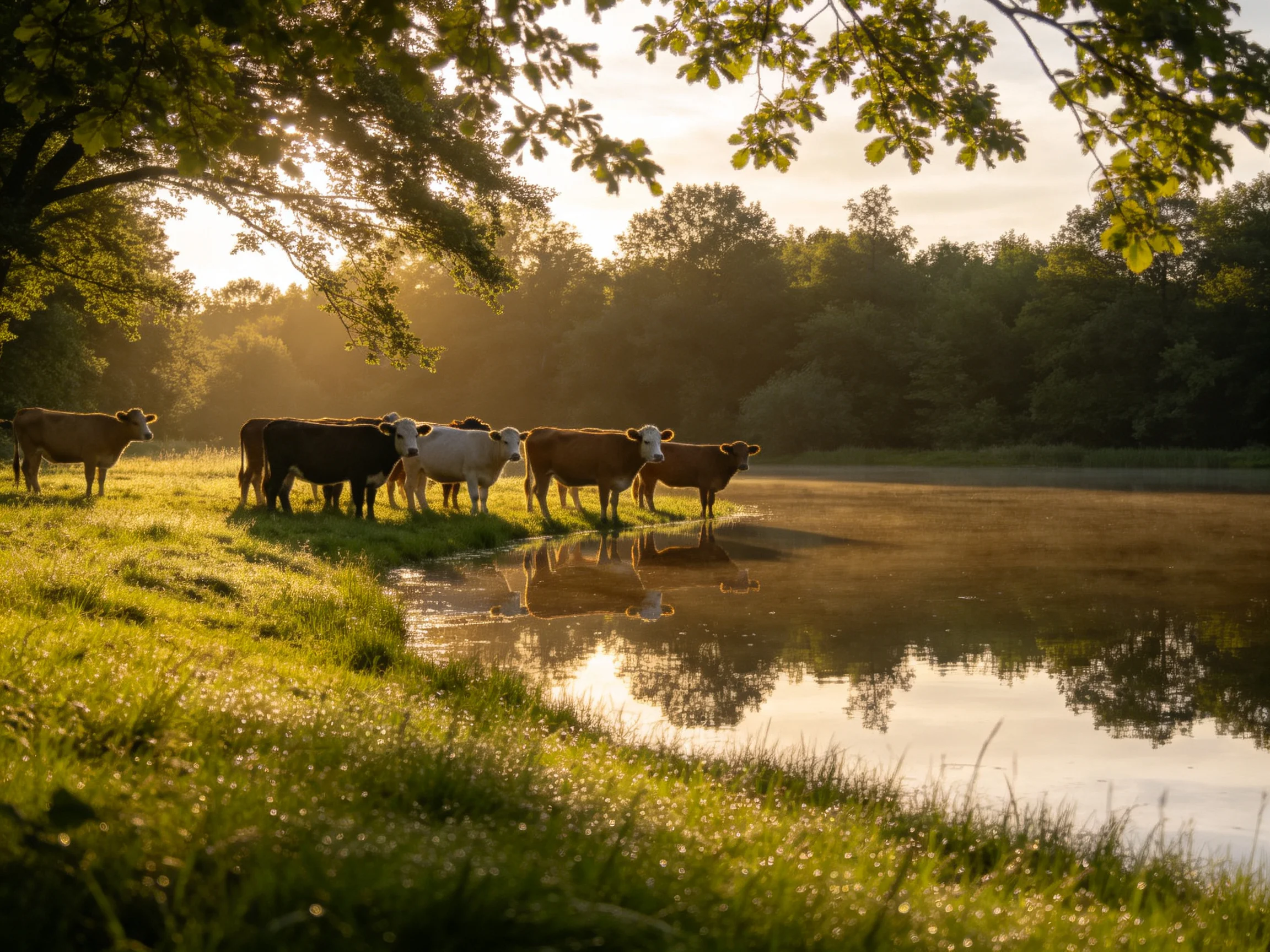 Six cows standby a misty riverbank in golden sunlight