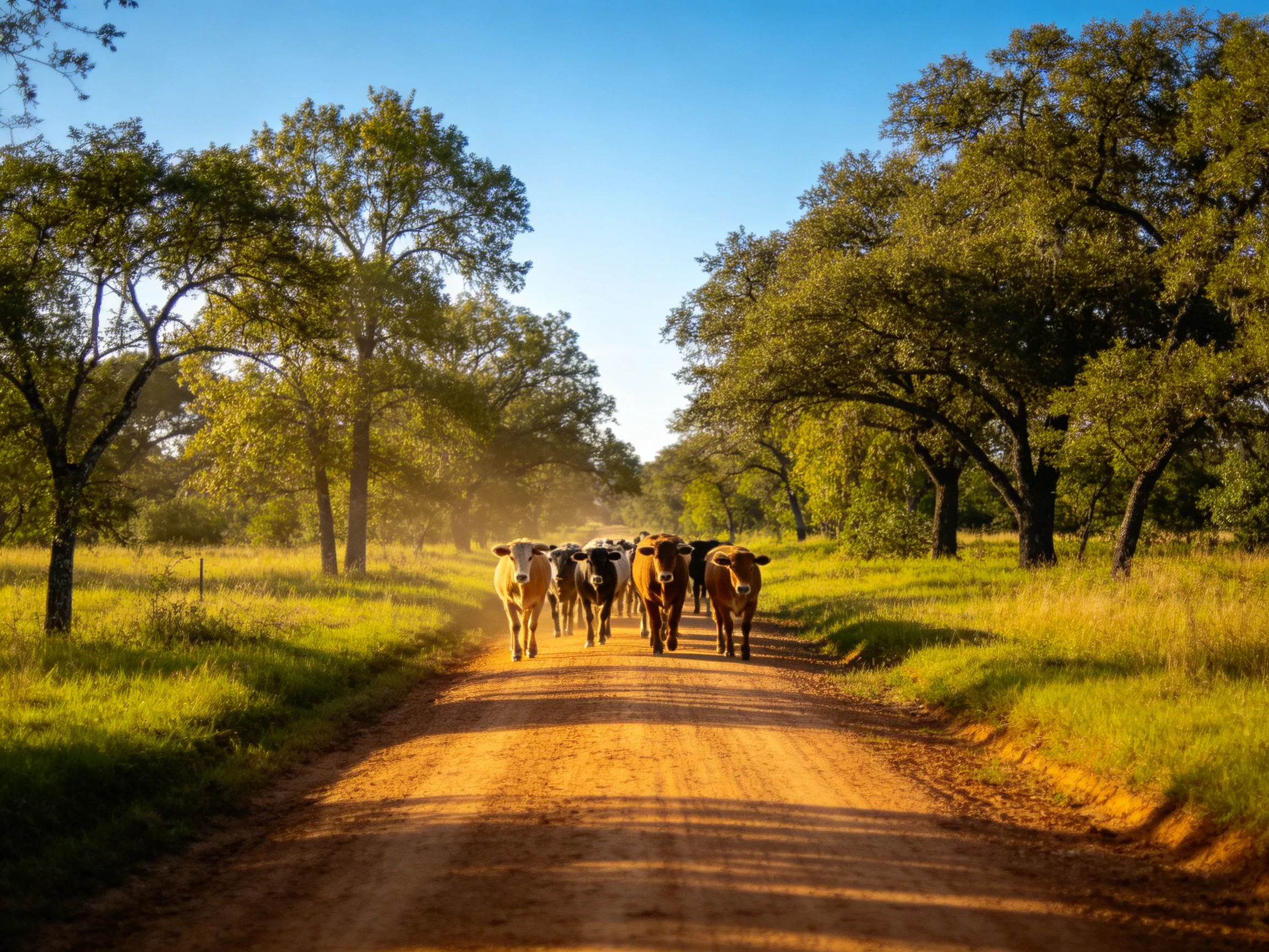 Six cows traverse a dusty orange road flanked by lush green trees