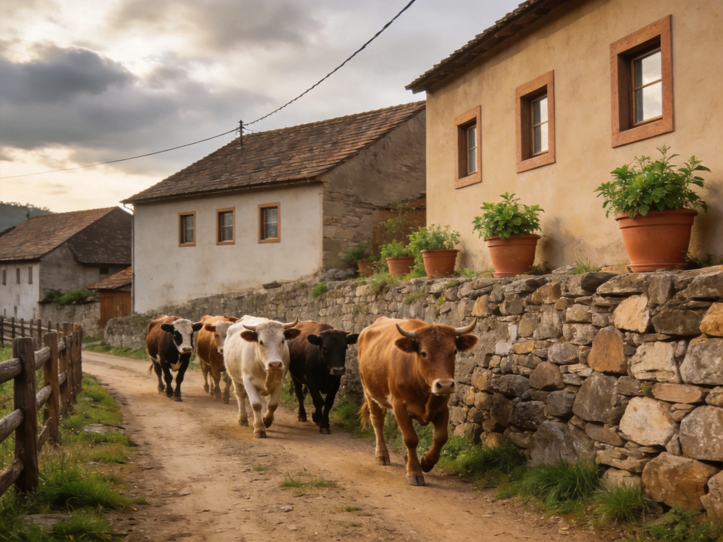 Six cows walk along a village dirt road near stone buildings