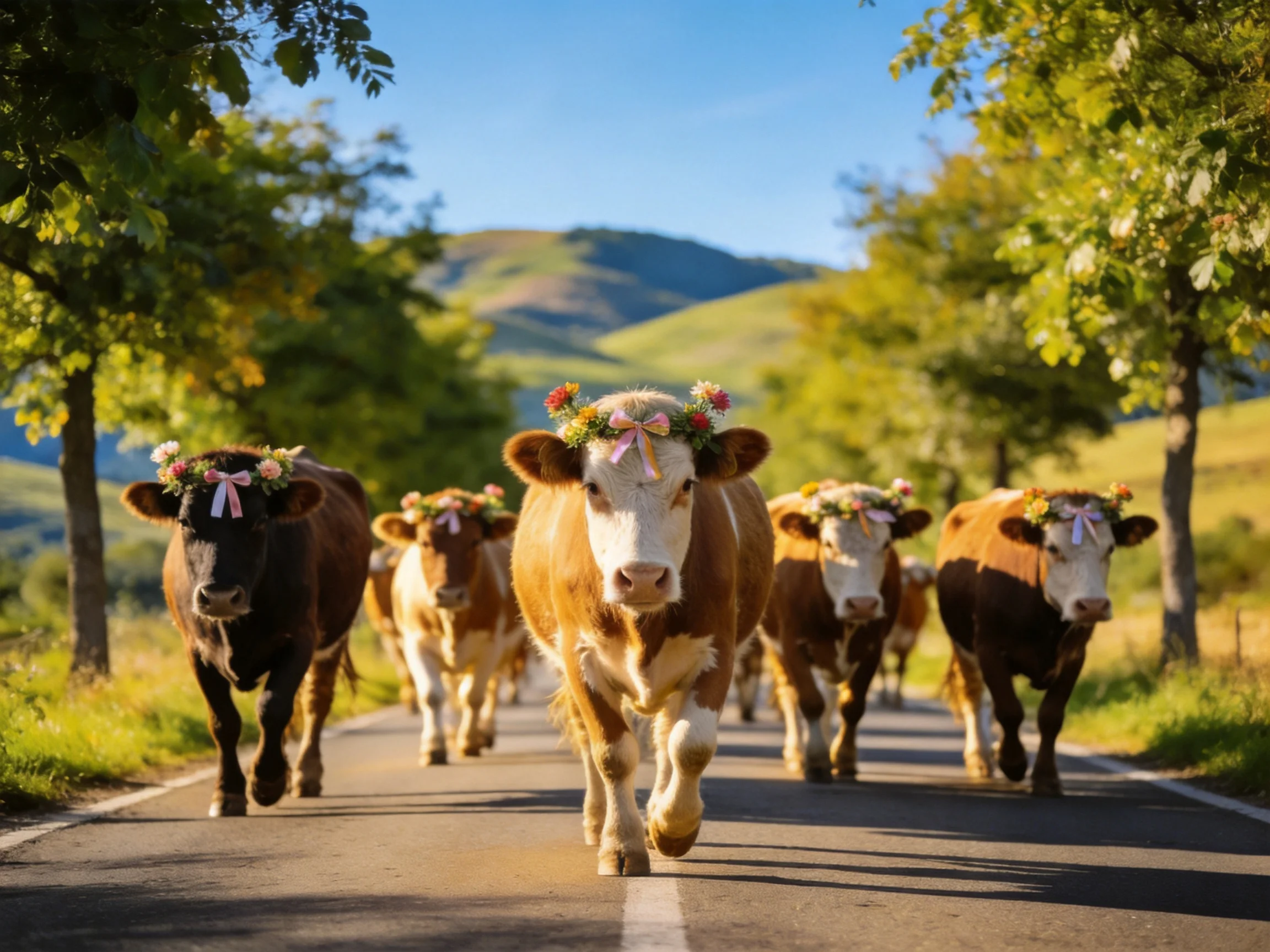 Six cows with flower crowns march on a sunny country road