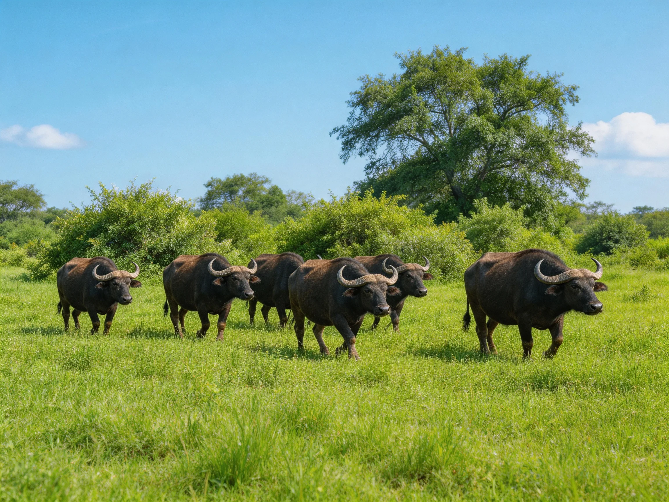 Six dark brown buffalo herd through lush green meadow under bright blue sky