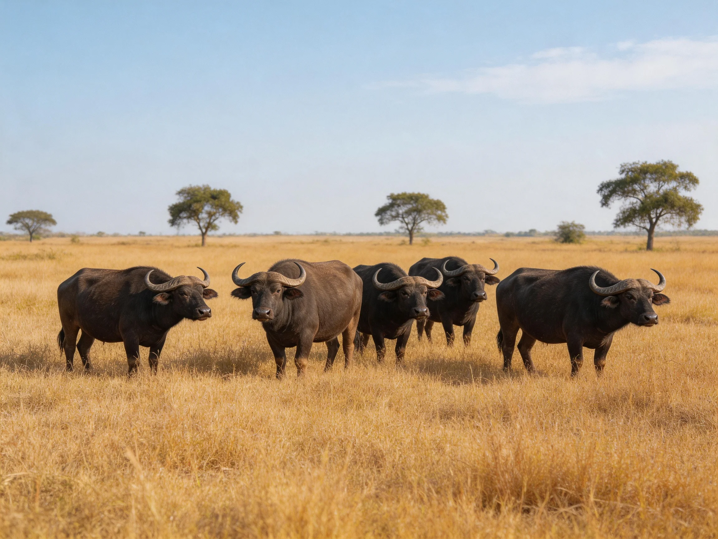 Six dark brown buffalo stand in a golden savannah with scattered trees