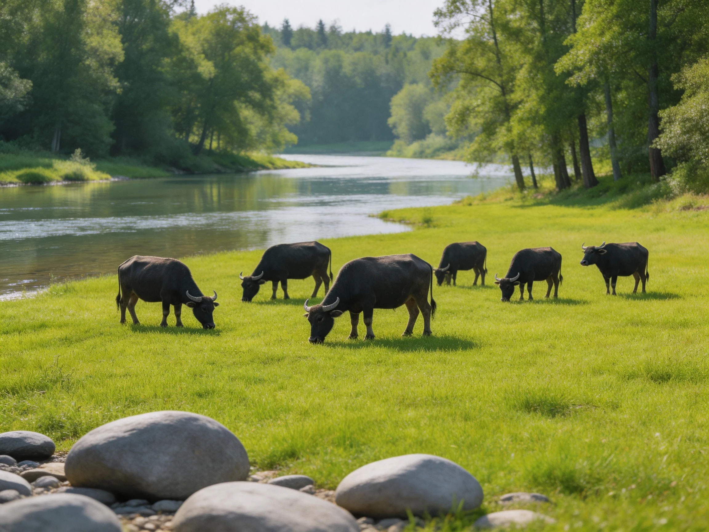 Six dark buffaloes graze on a green meadow by a winding river