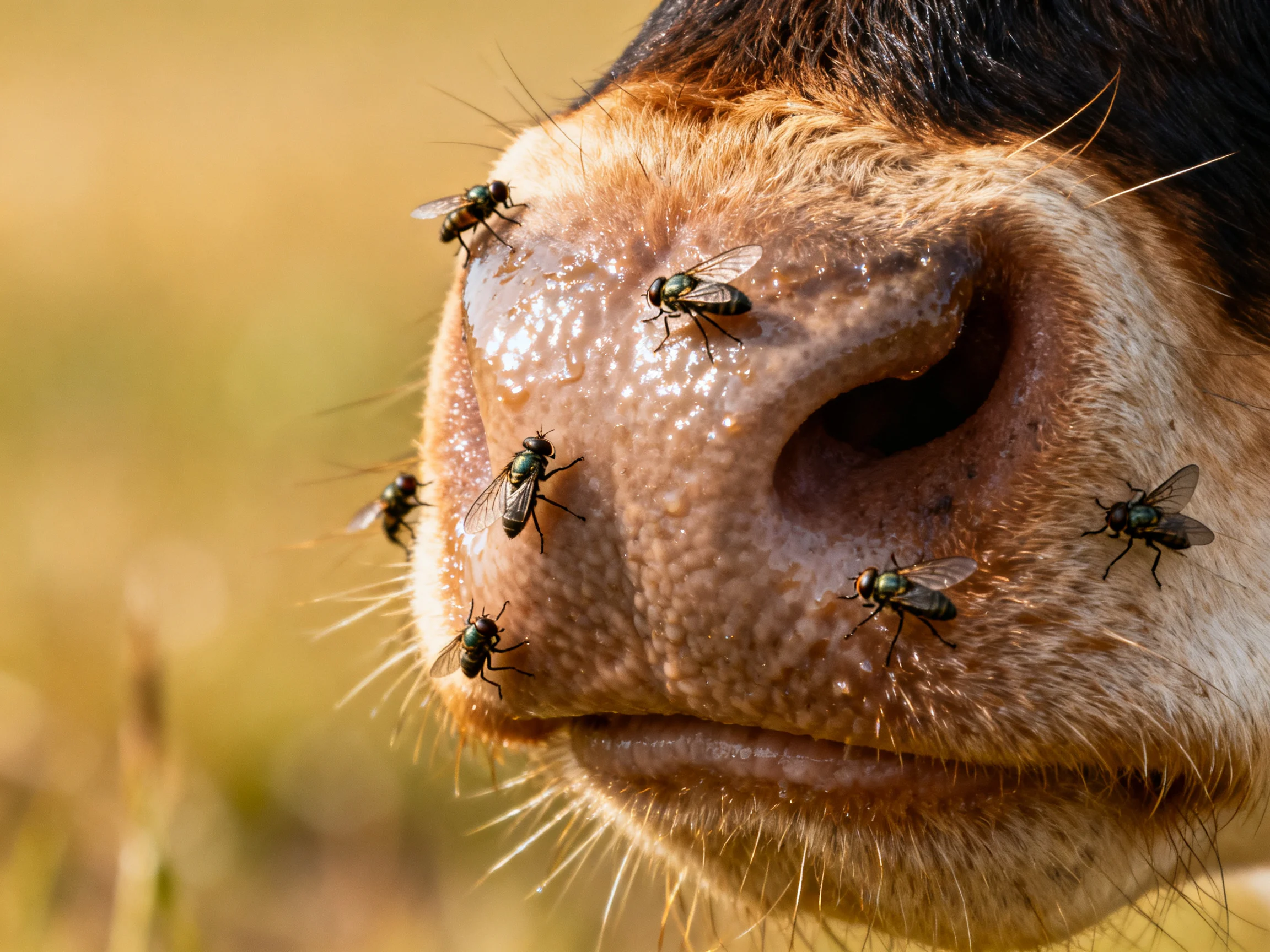 Six flies gather on a cow’s moist brown nose under bright sunlight