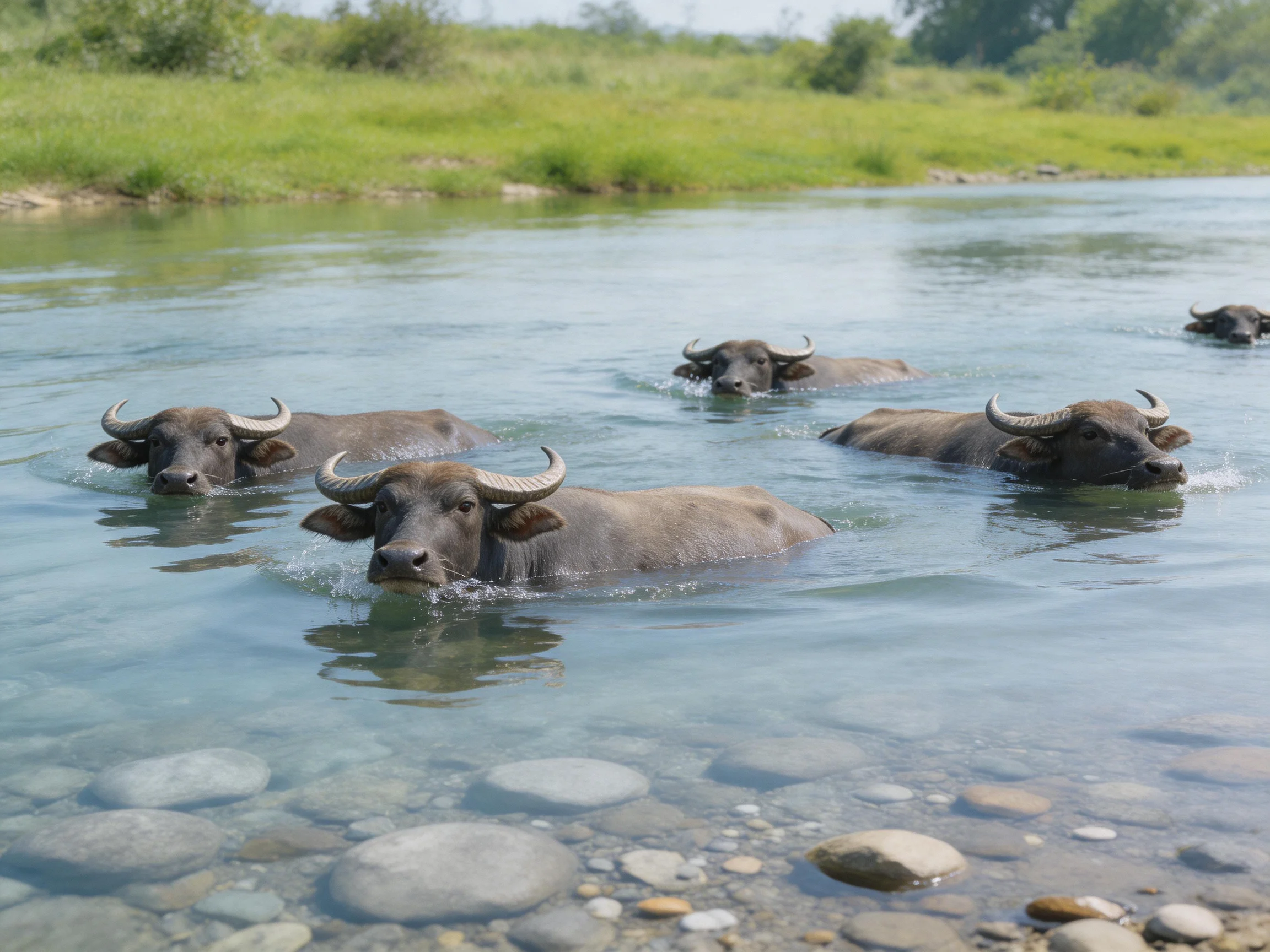 Six gray buffaloes swim in a clear, rocky river with green banks