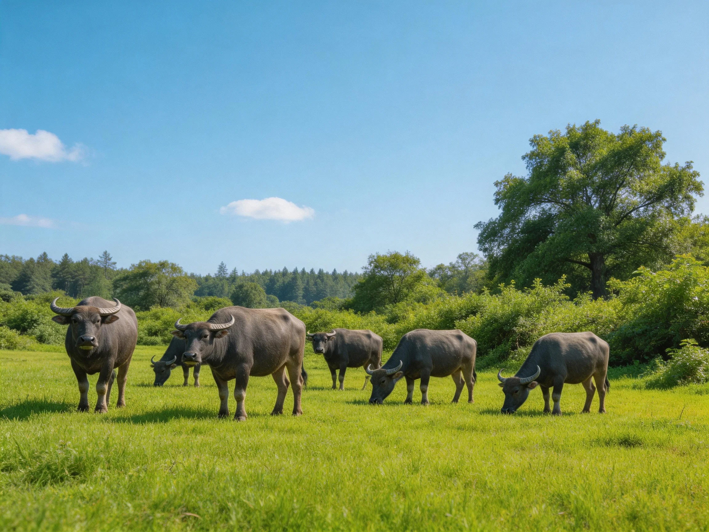 Six gray water buffaloes graze in a lush green meadow