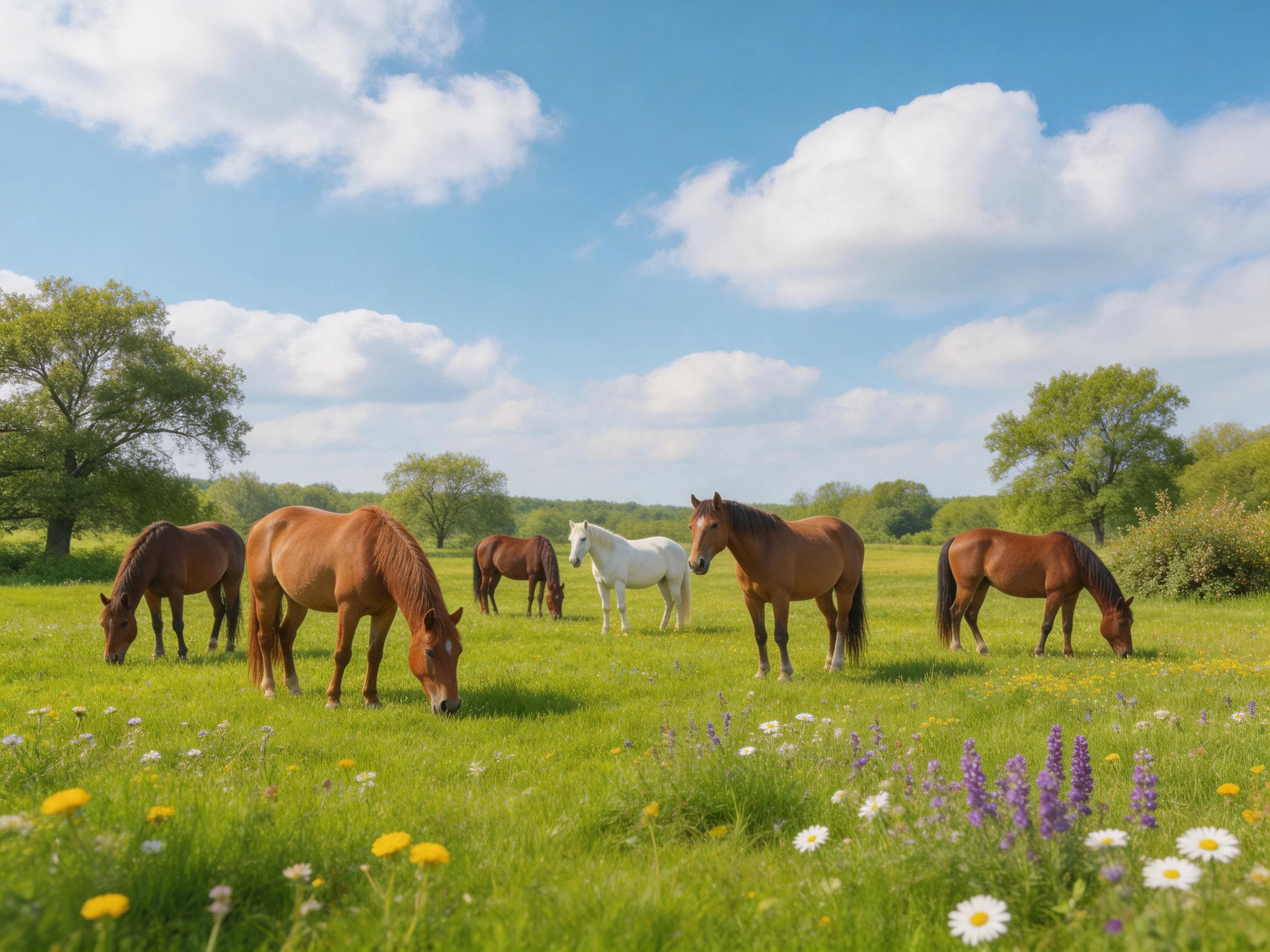 Six horses graze in a vibrant meadow with colorful wildflowers