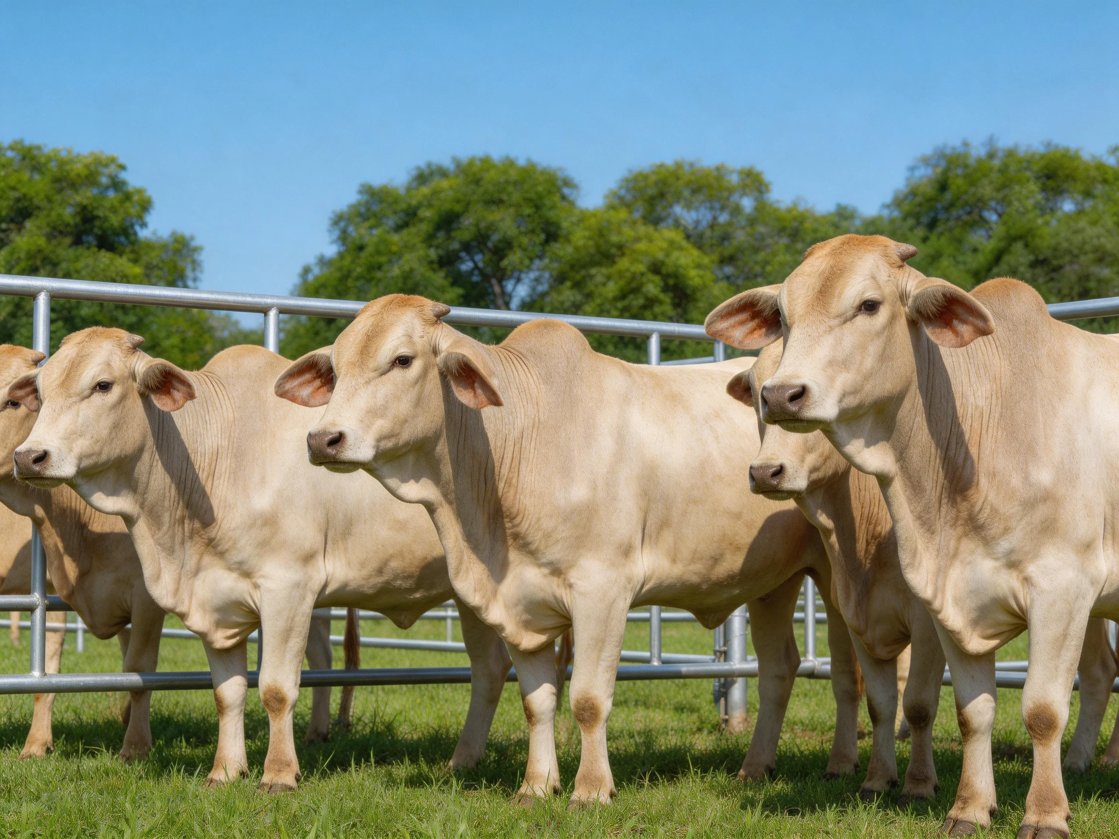 Six light tan cattle gather near a metallic fence on green grass