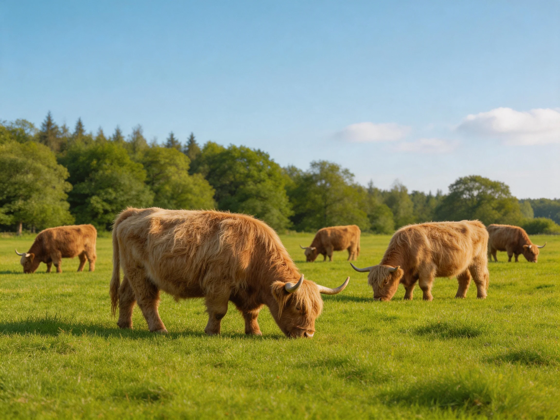 Six long-haired brown cattle graze in a lush green pasture with trees.