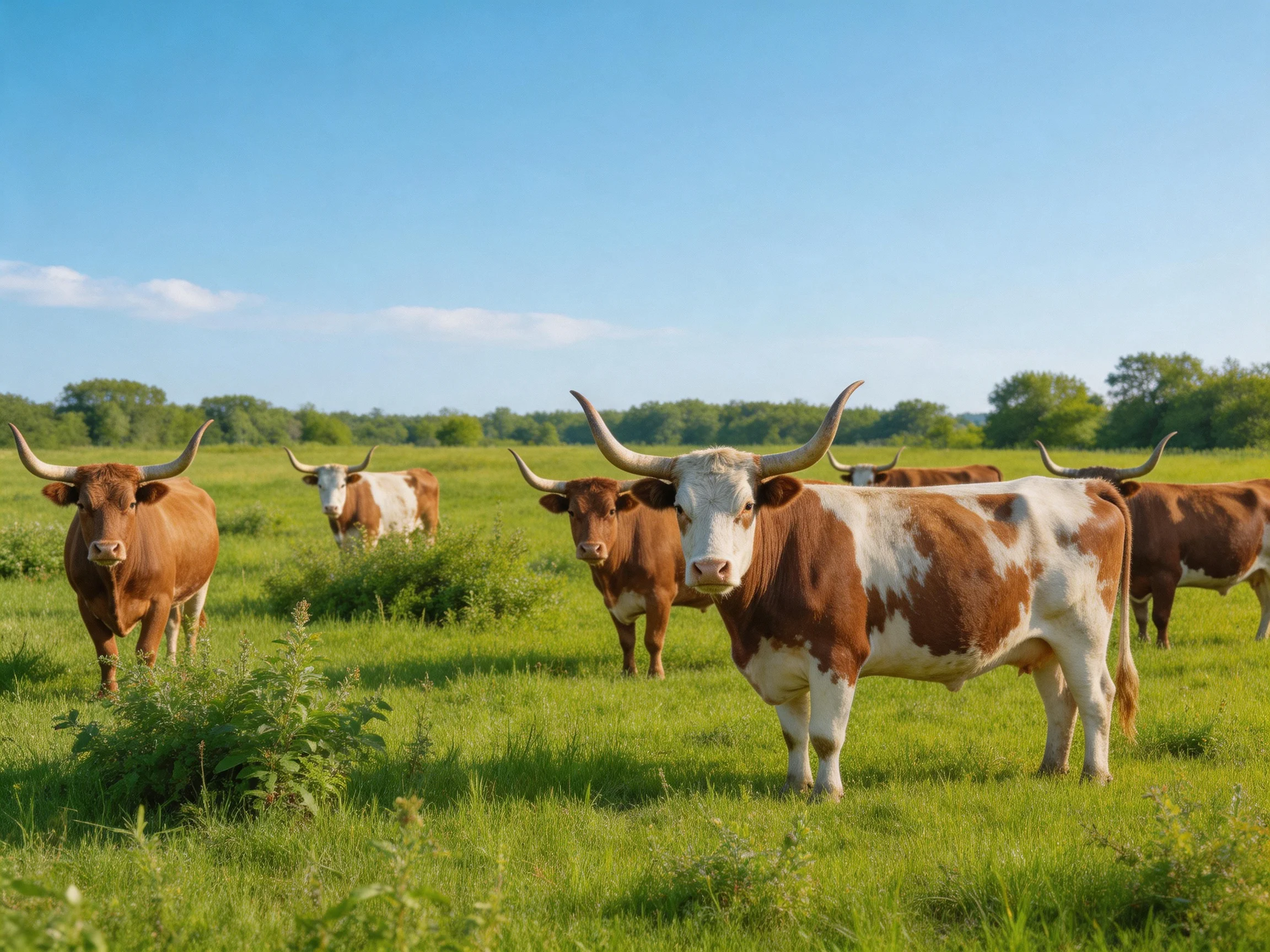 Six longhorn cattle graze in a lush green pasture under a clear blue sky