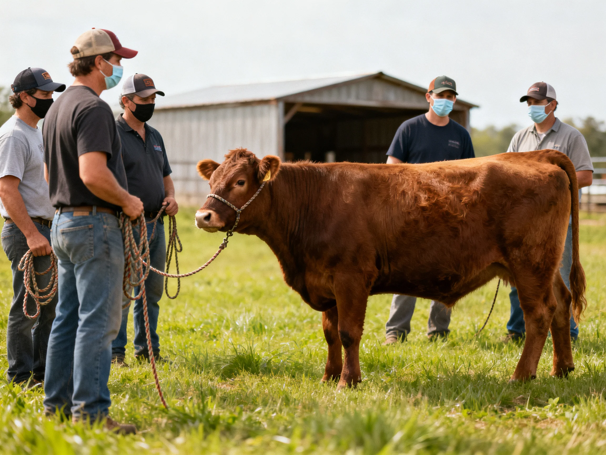 Six masked individuals examine a brown cow near a metal barn