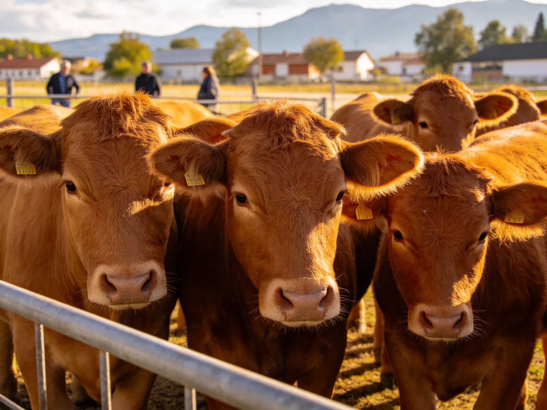 Six reddish-b brown calves cluster near a metal fence in sunny countryside