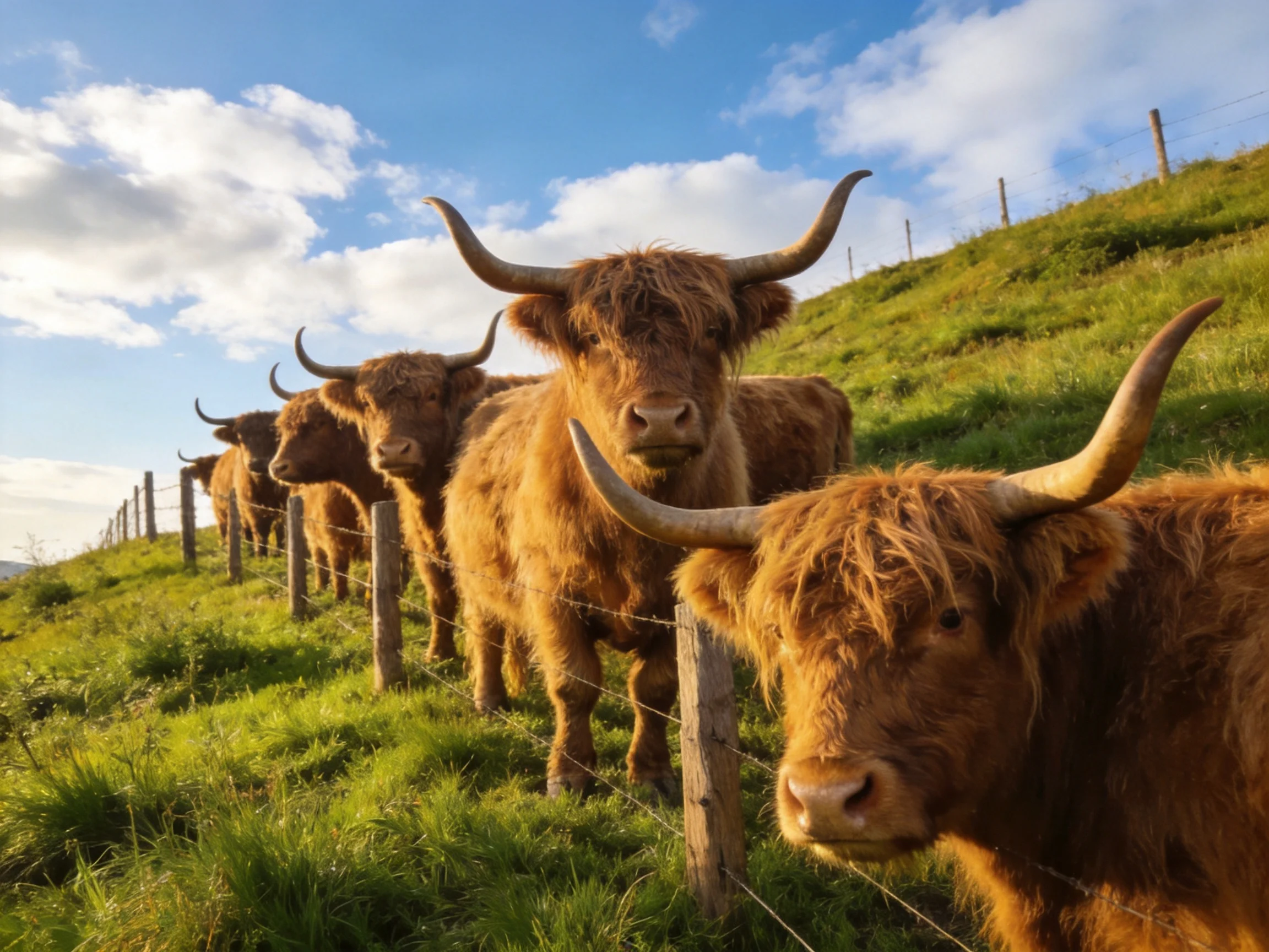 Six shaggy brown Highland cattle by a wire fence on a green hillside