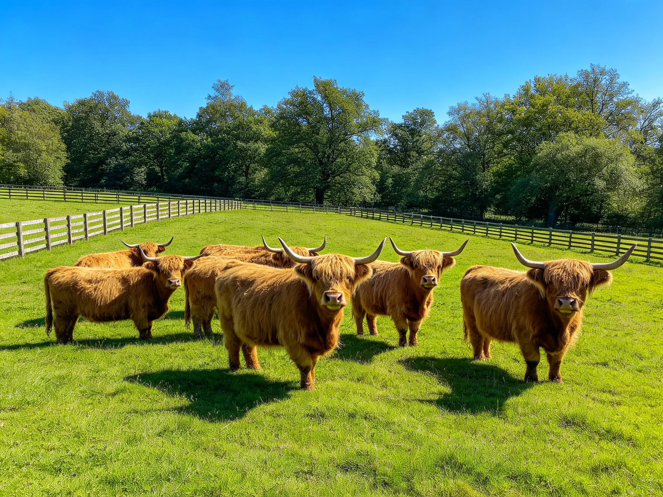 Six shaggy brown Highland cattle gather in a sunlit green pasture with wooden fences