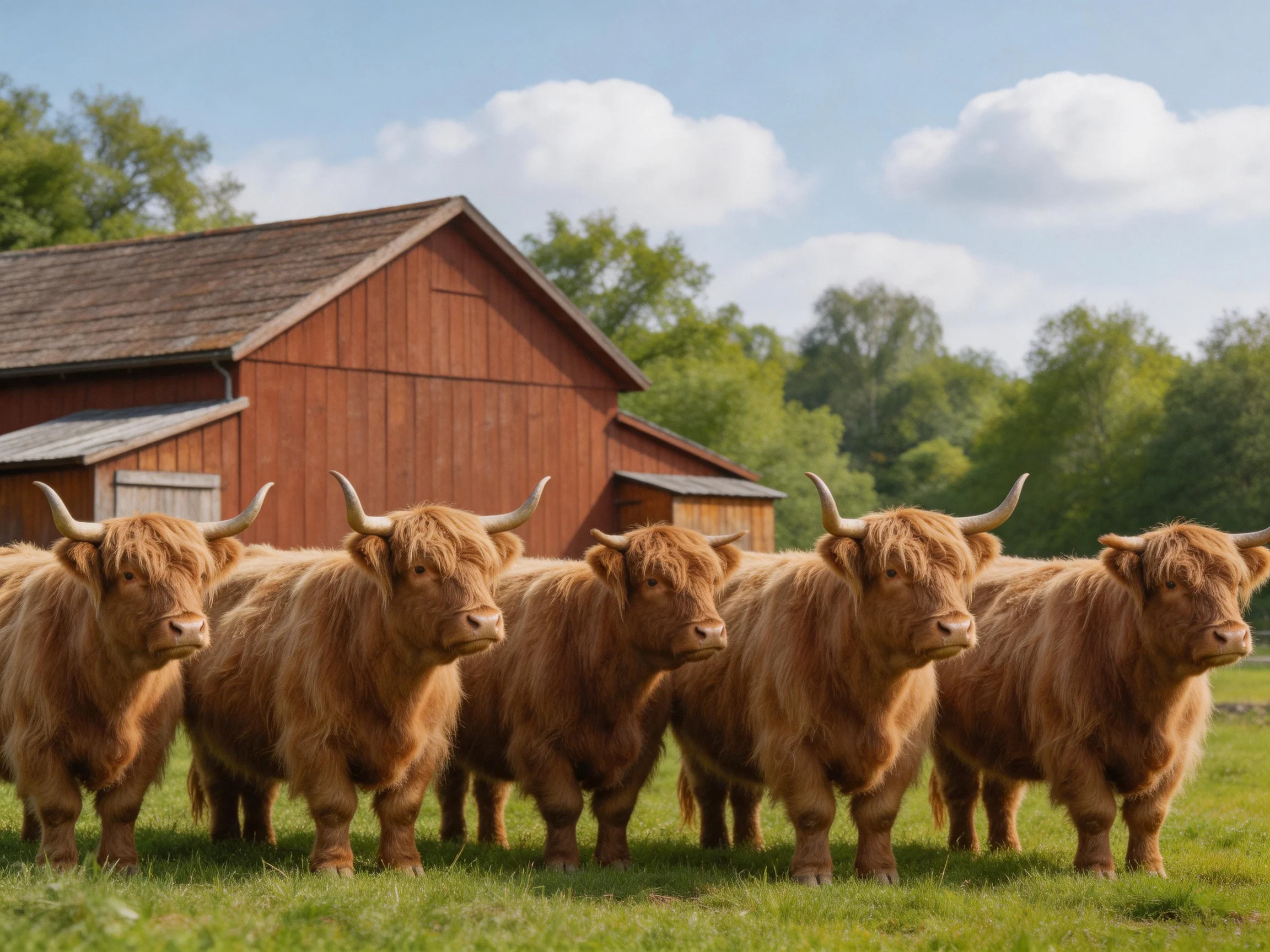 Six shaggy brown Highland cattle gather near a rustic red barn