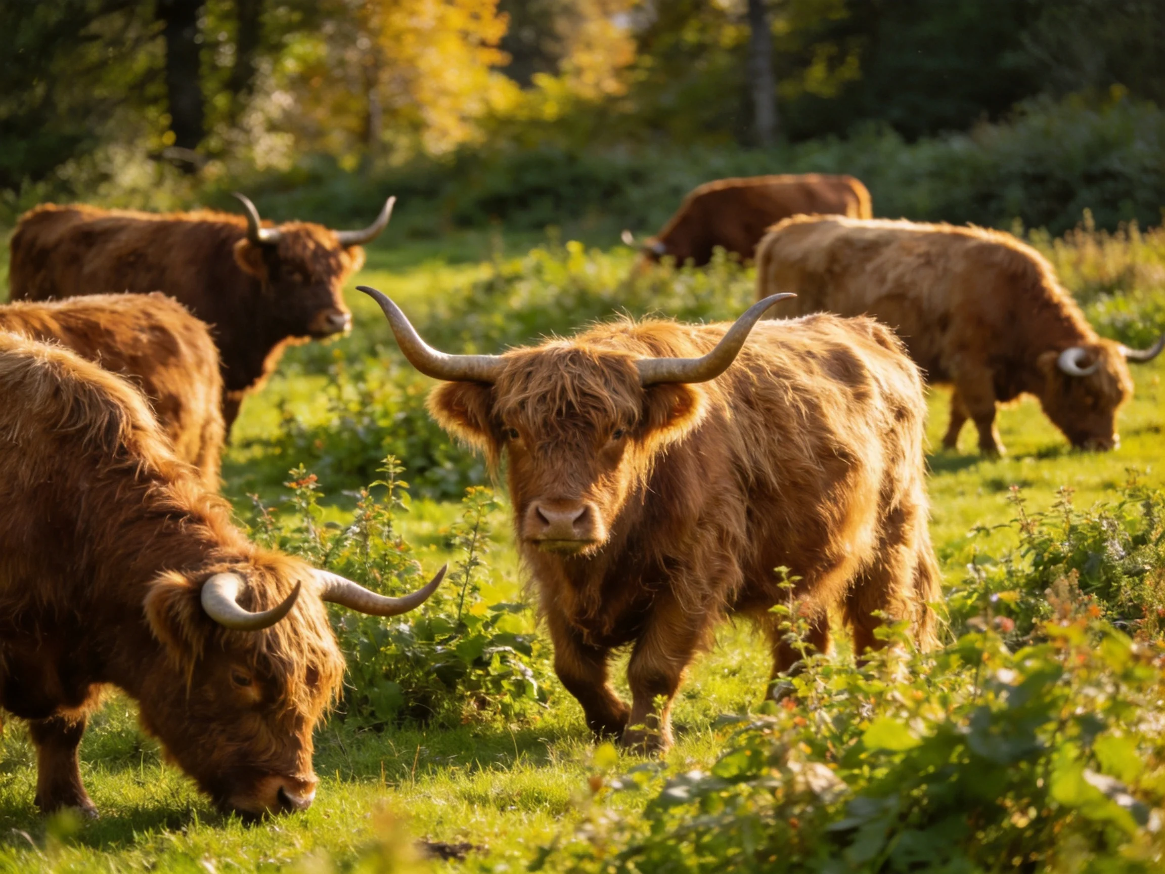 Six shaggy brown Highland cattle graze in a sunlit green meadow