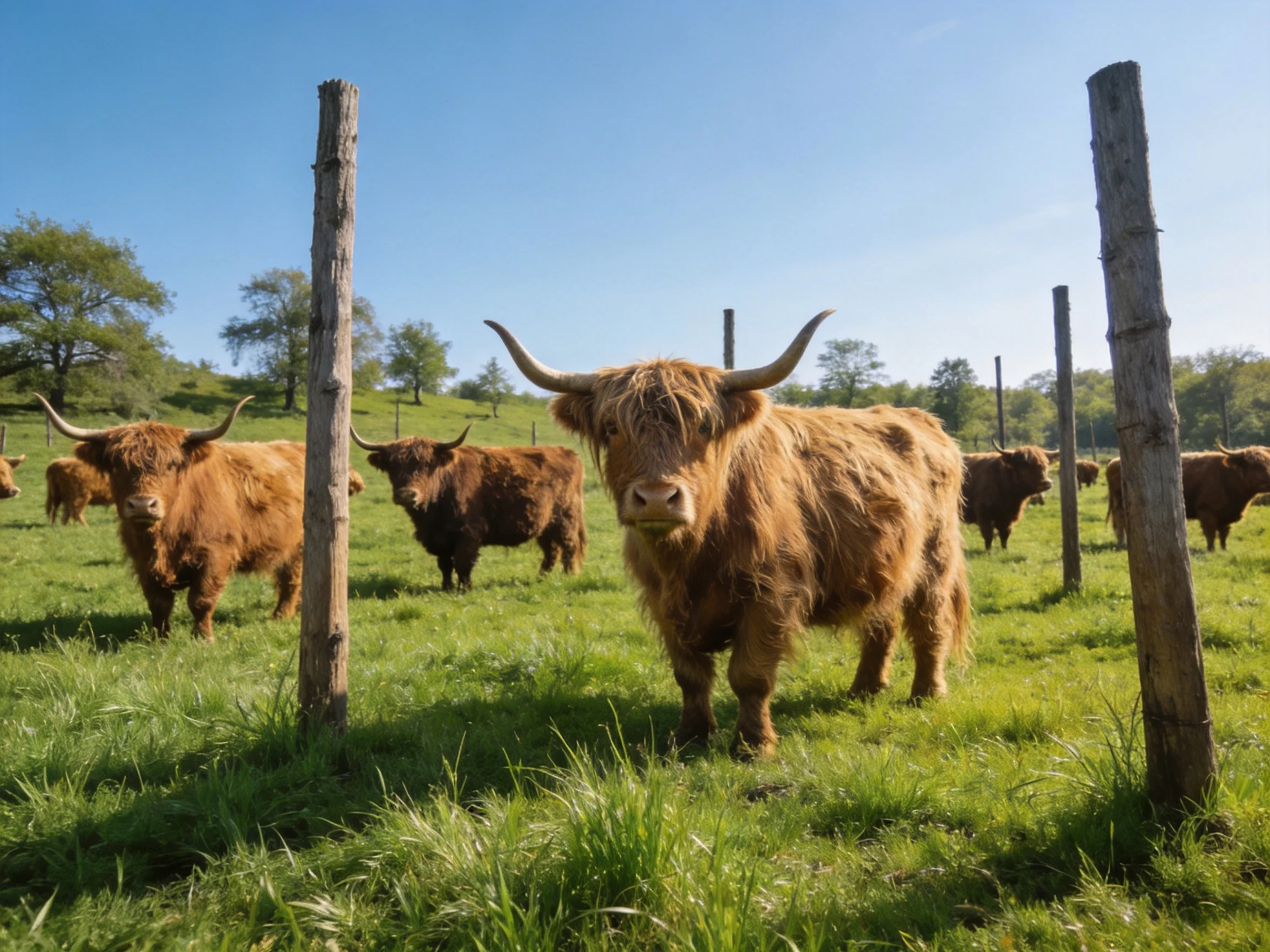 Six shaggy brown Highland cattle graze near weathered wooden posts