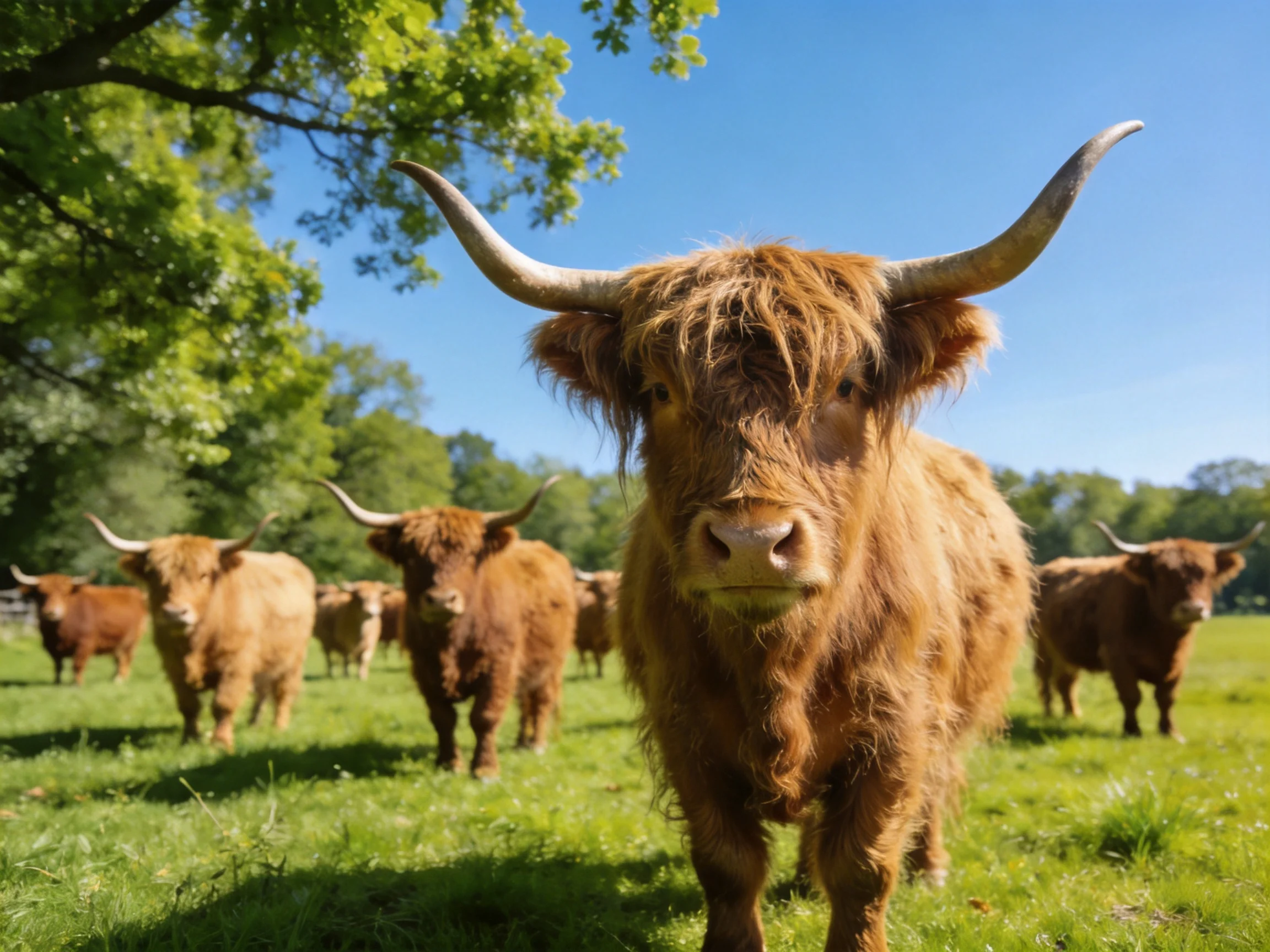 Six shaggy brown Highland cattle in a sunlit green pasture