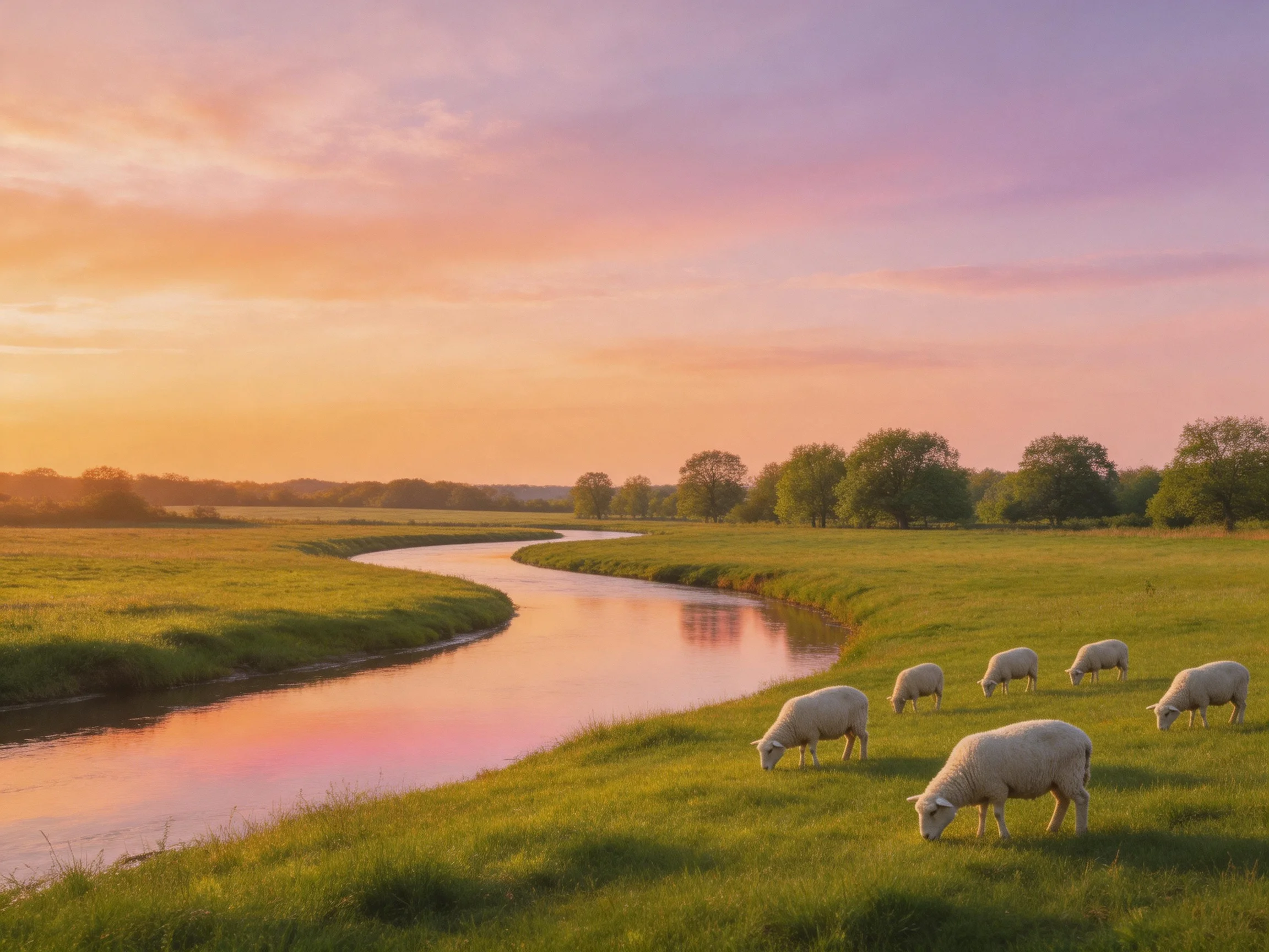 Six sheep graze near a winding river at sunset