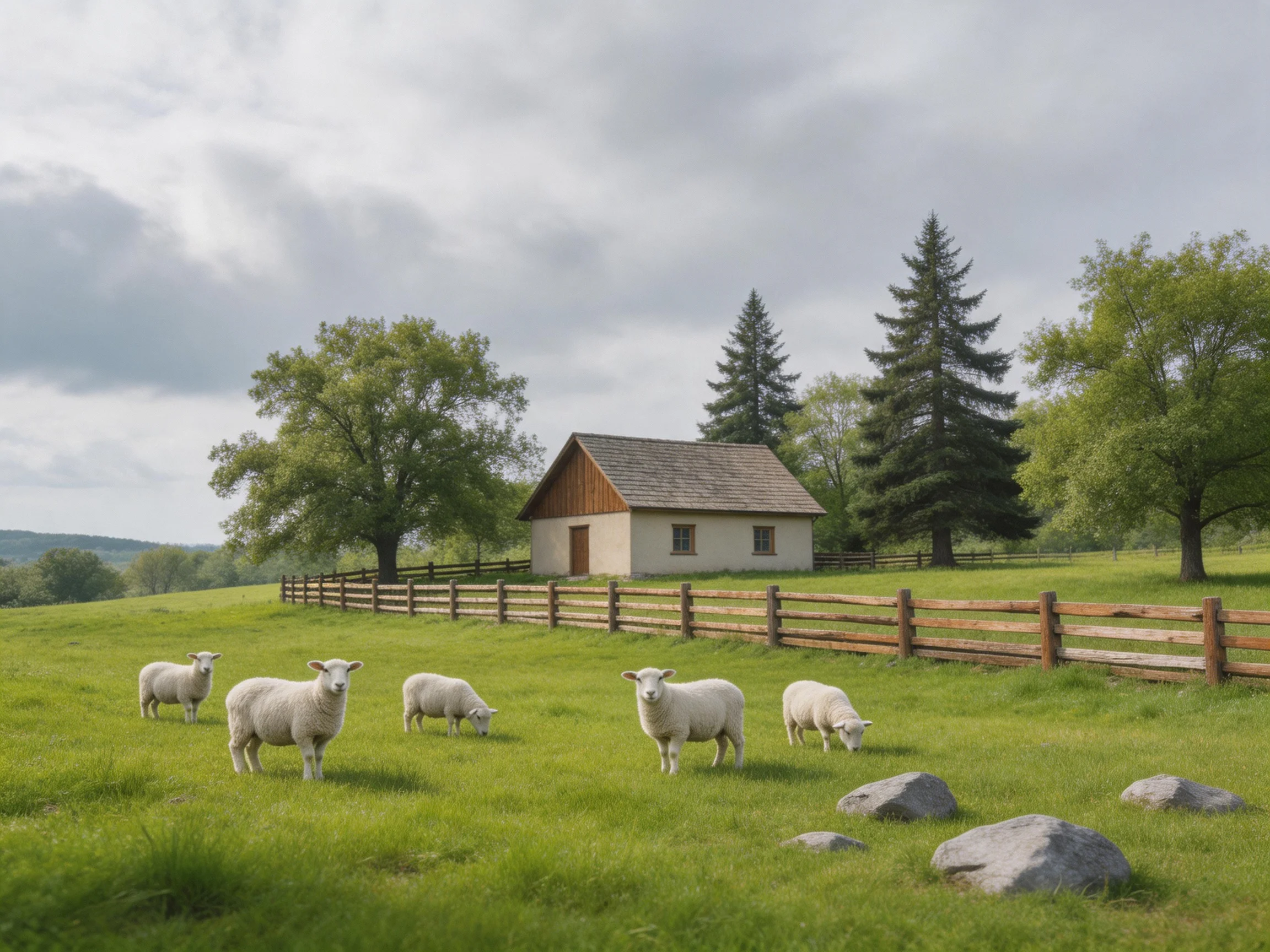 Six sheep graze in a green pasture near a wooden fence and a cottage.