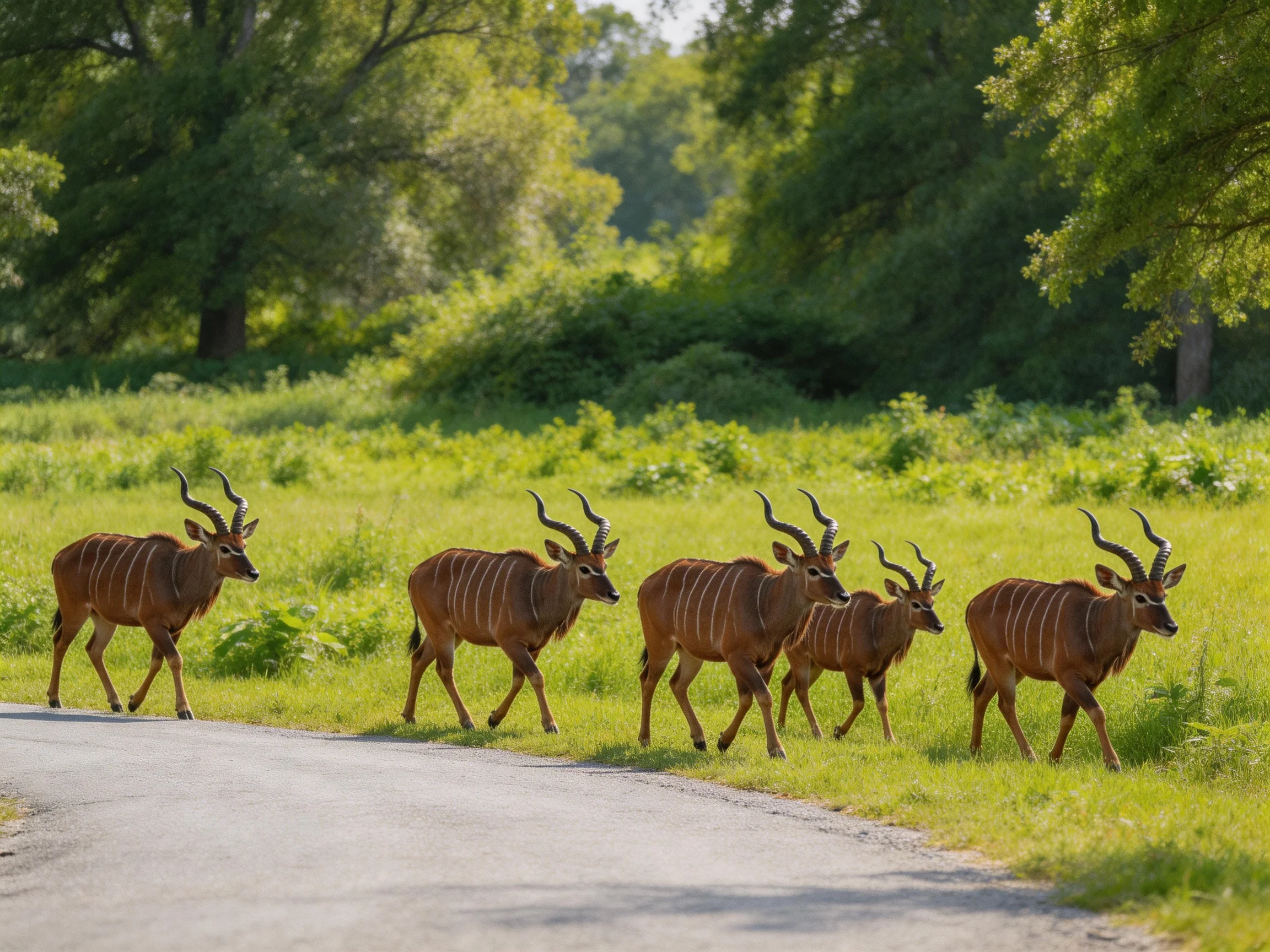 Six striped antelopes cross a sunlit road near lush greenery