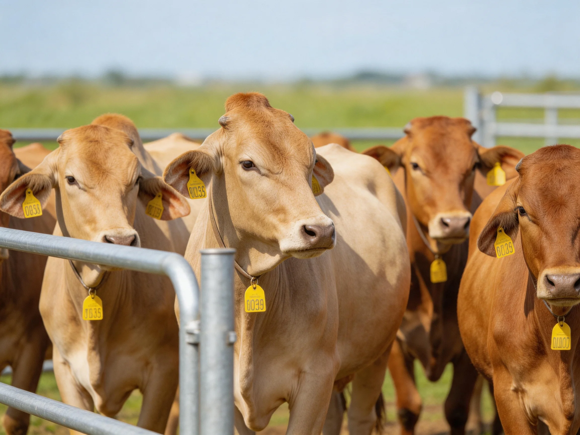 Six tan and brown cattle gather near metal fencing in a sunlit field