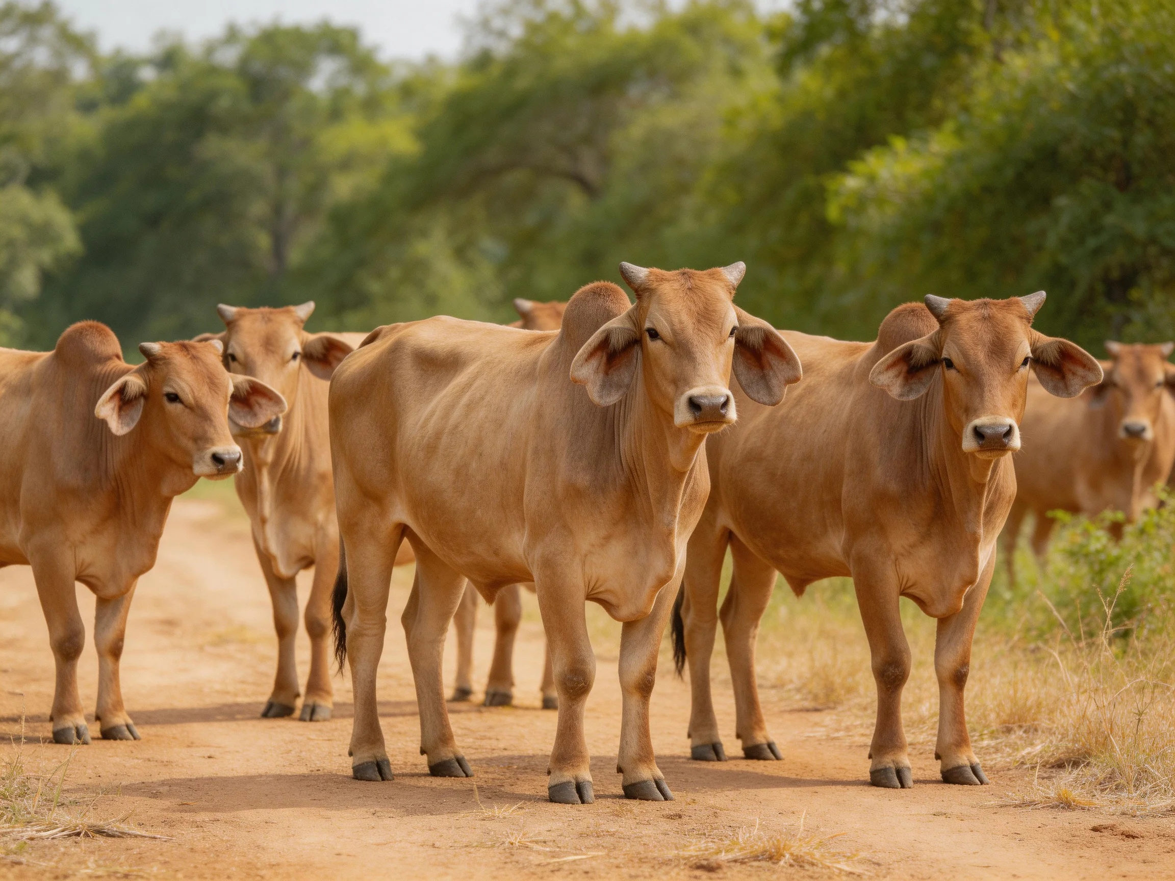 Six tan cattle gather on a dusty rural path with green foliage