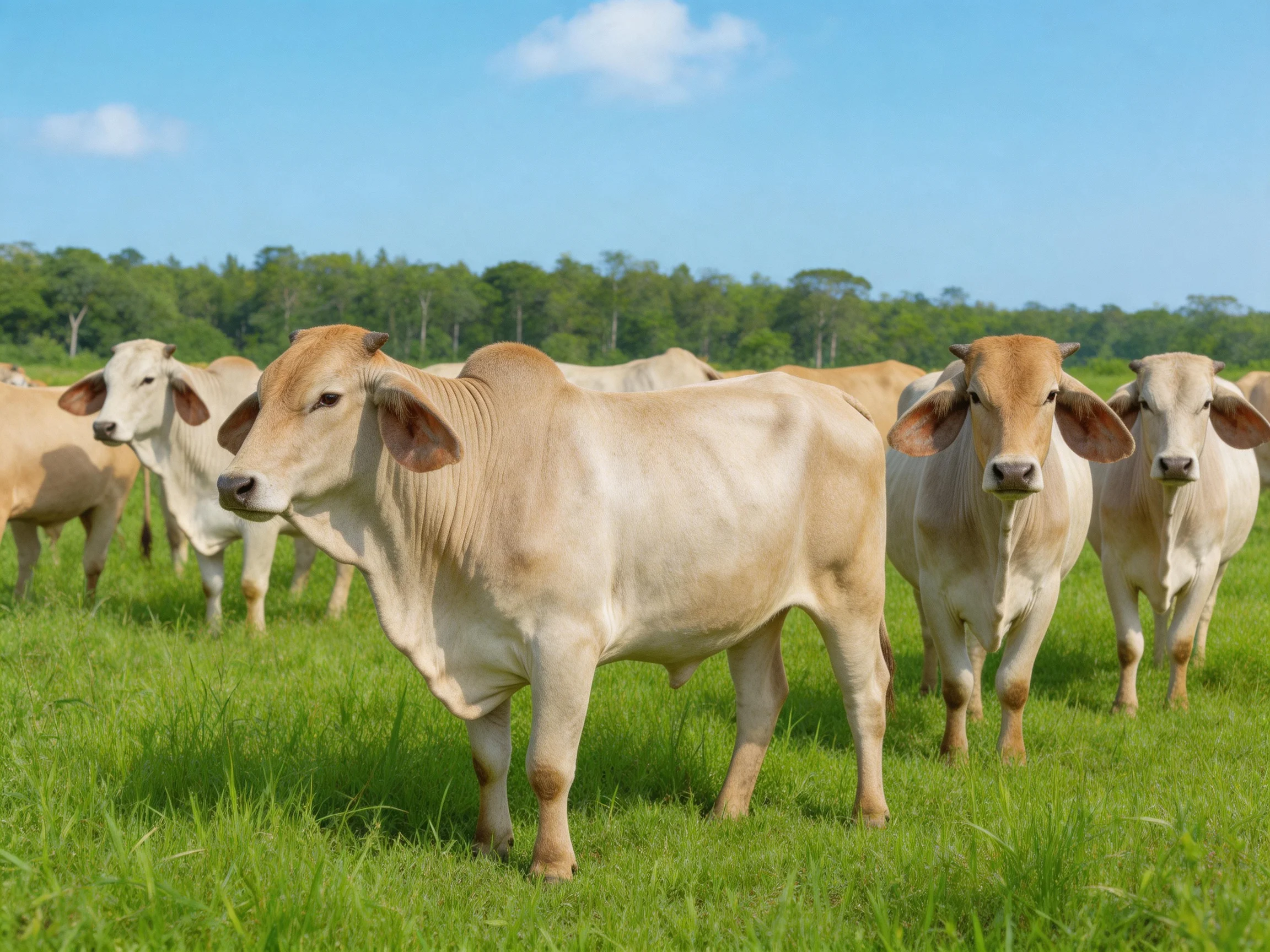 Six tan cattle graze in a lush green pasture under clear blue skies
