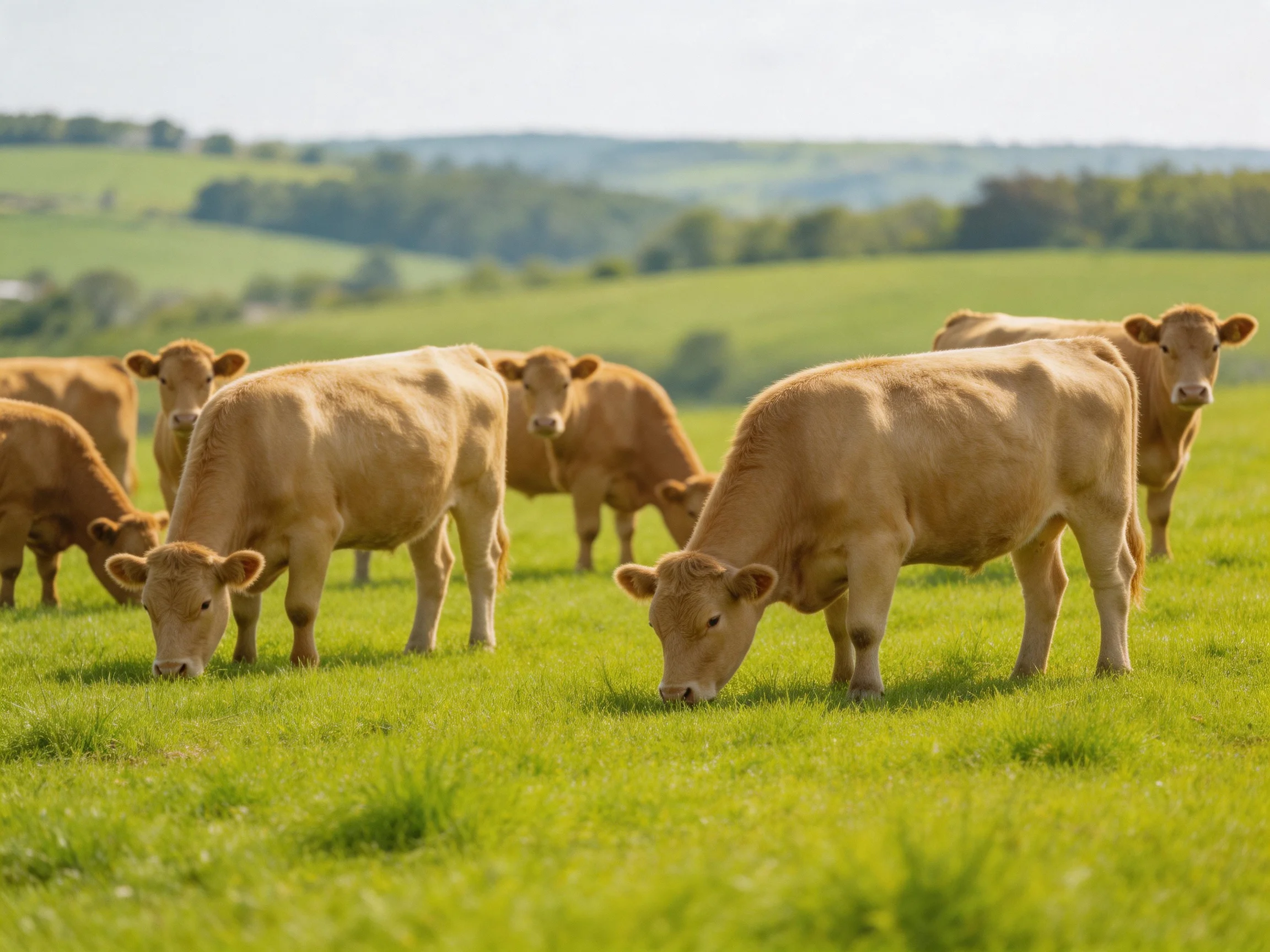 Six tan cattle graze in a verdant pasture with rolling hills