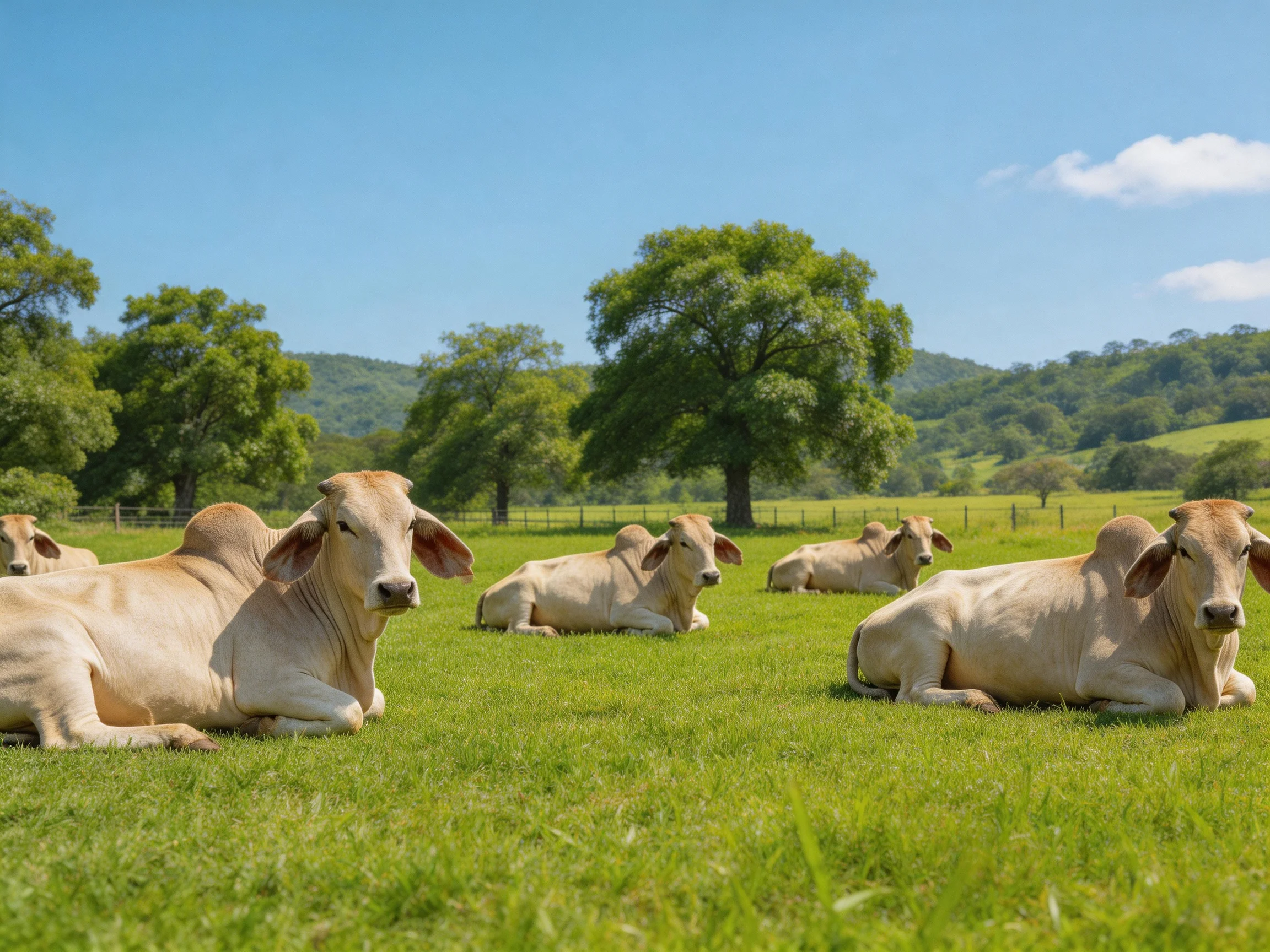 Six tan cattle rest in a lush green pasture with tall trees