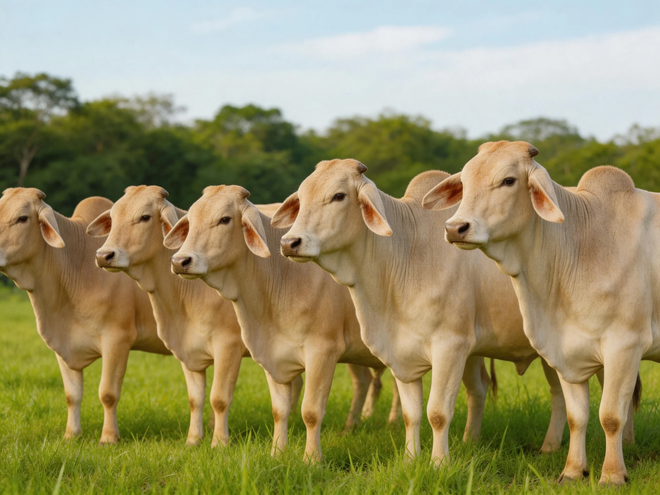 Six tan cattle stand in a lush green pasture