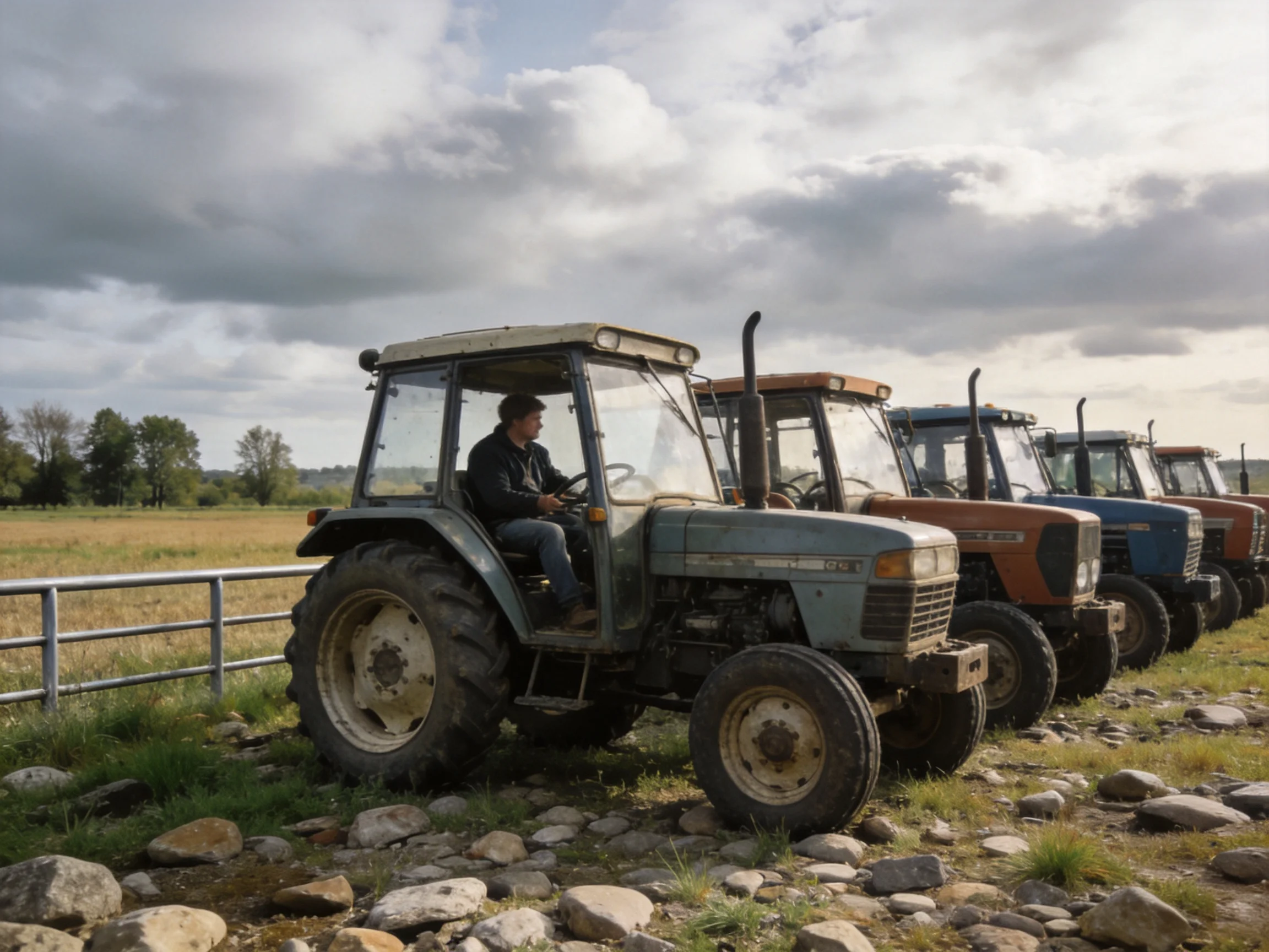 Six tractors of diverse colors lined along a rocky field under cloudy skies