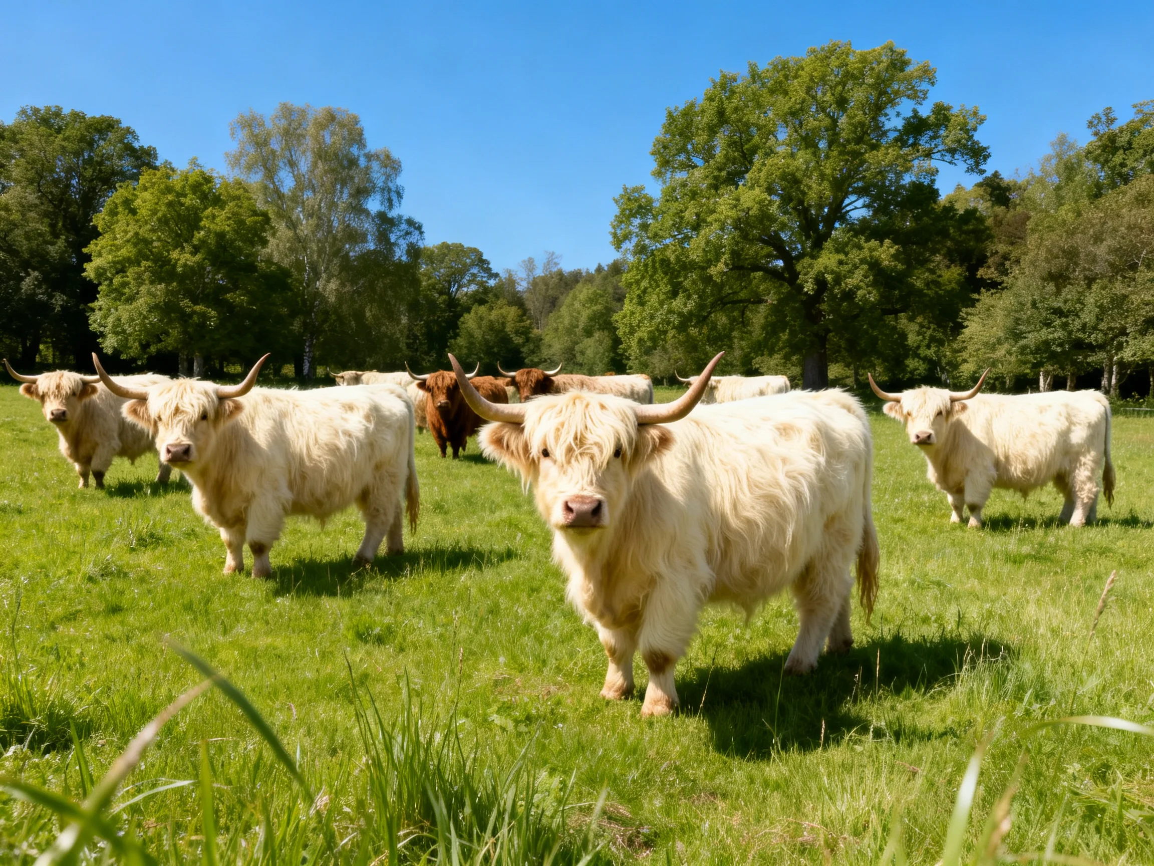 Six white and one brown shaggy cattle graze in a sunny green pasture