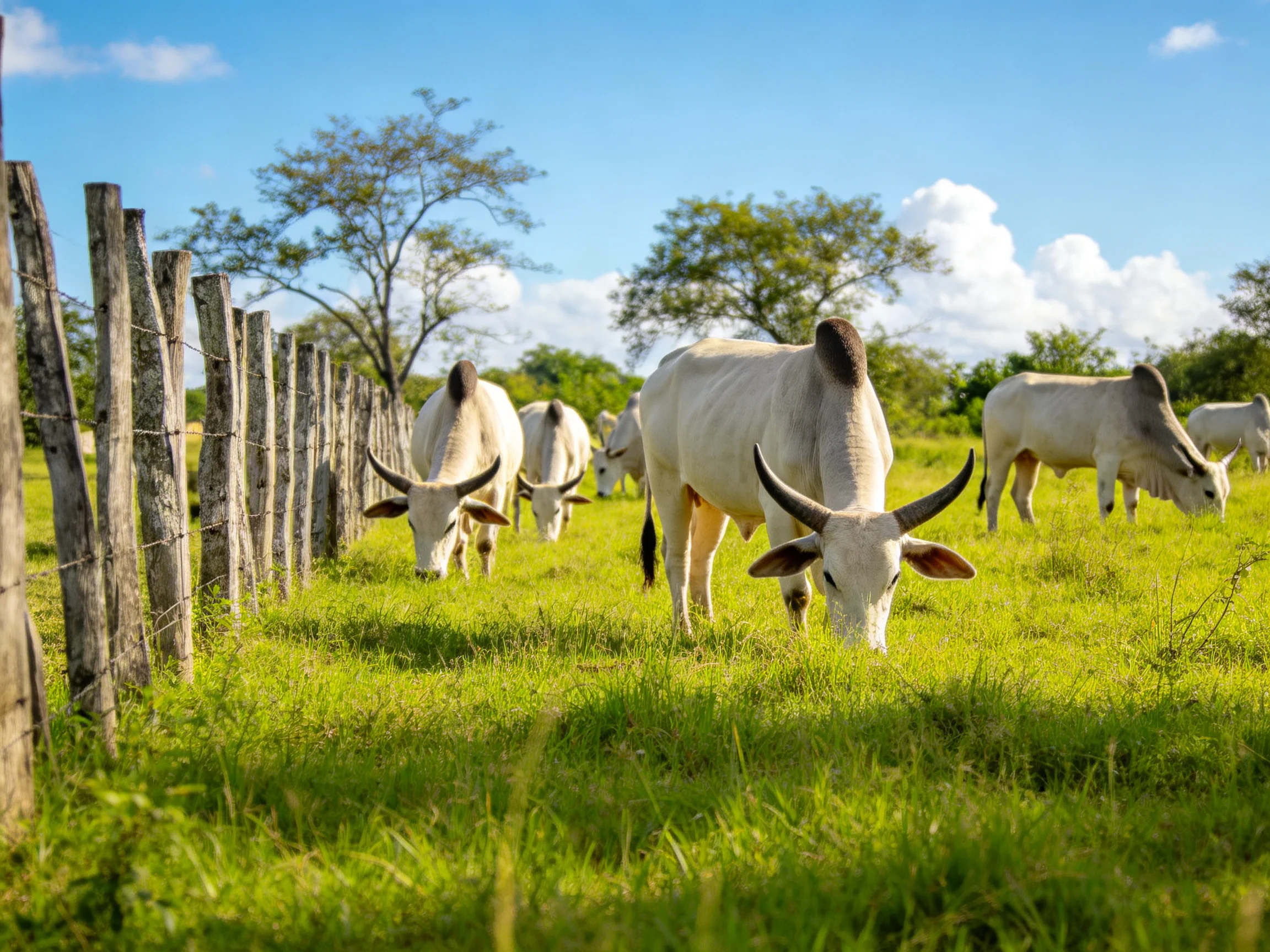 Six white cattle graze near a weathered wooden fence in a lush green pasture