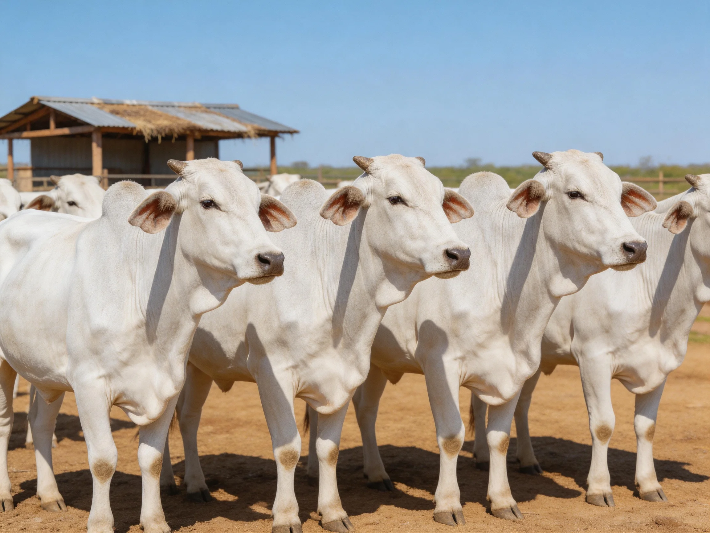 Six white cattle stand near a wooden shelter in an open area.