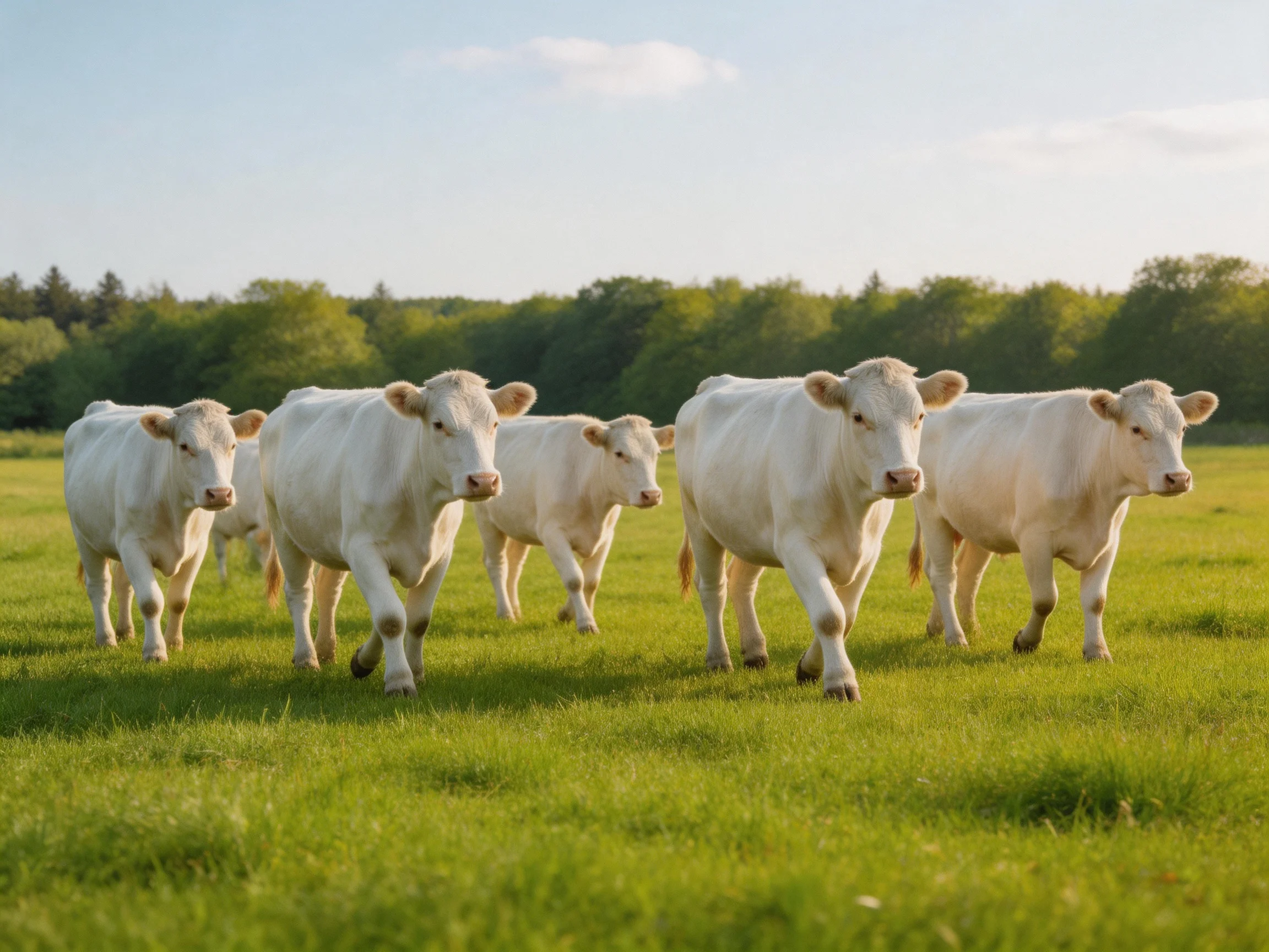 Six white cattle traverse a lush green pasture