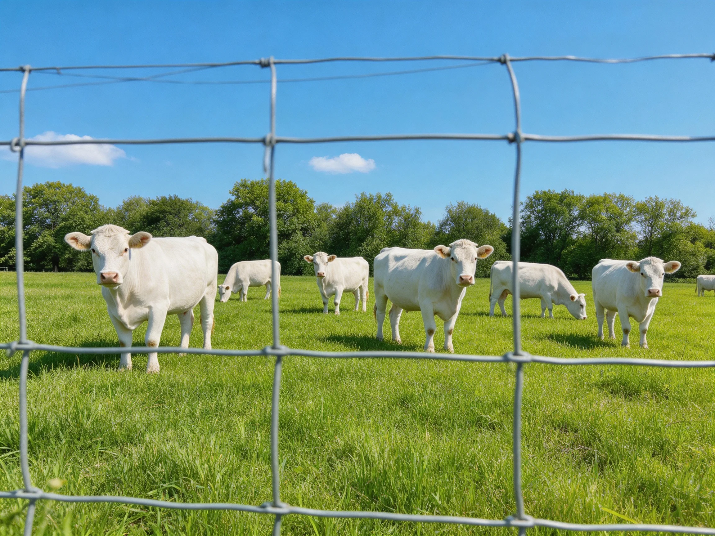 Six white cows graze in a bright green meadow with wire fencing