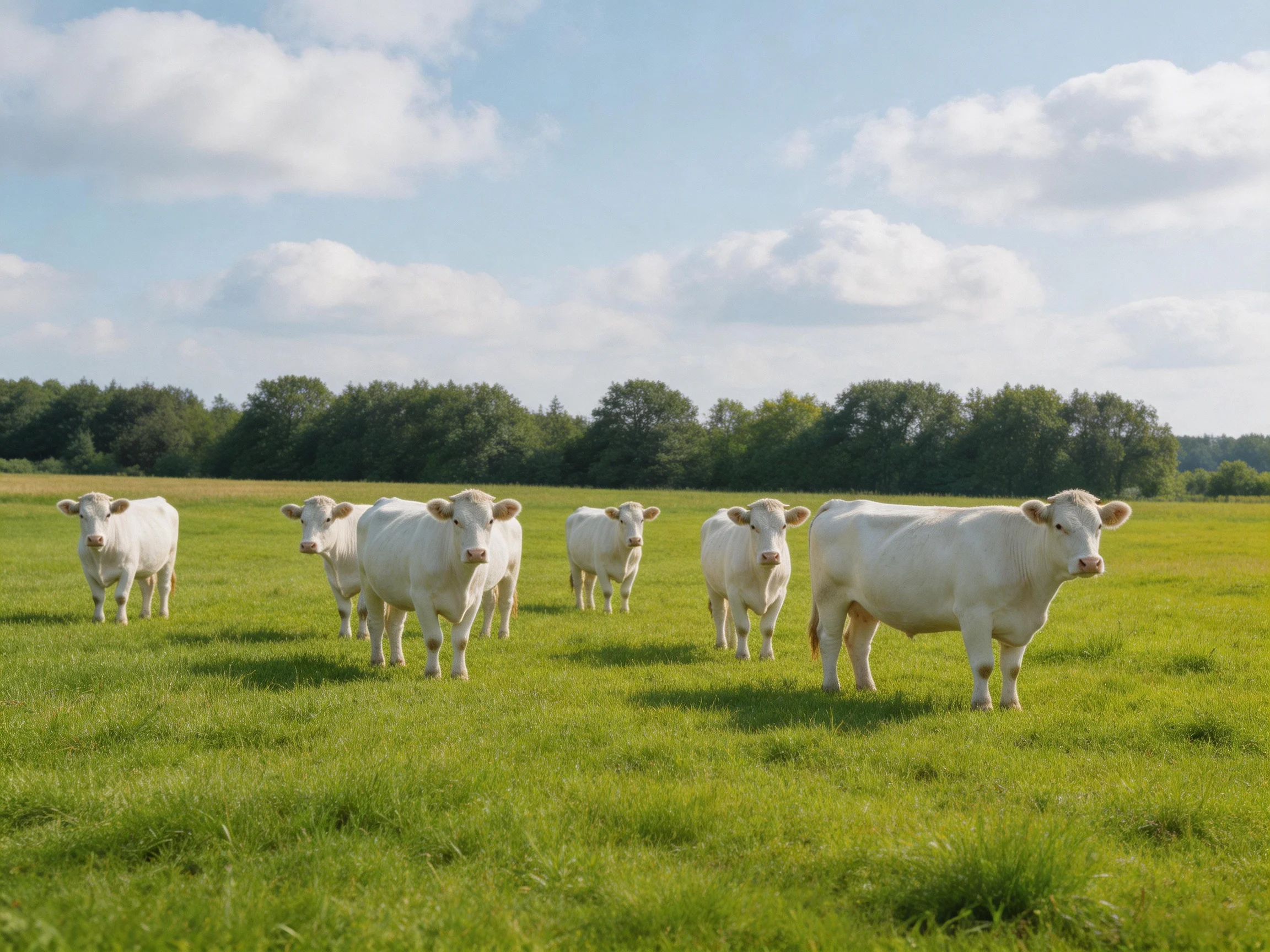 Six white cows gather in a sunlit green pasture near distant trees.