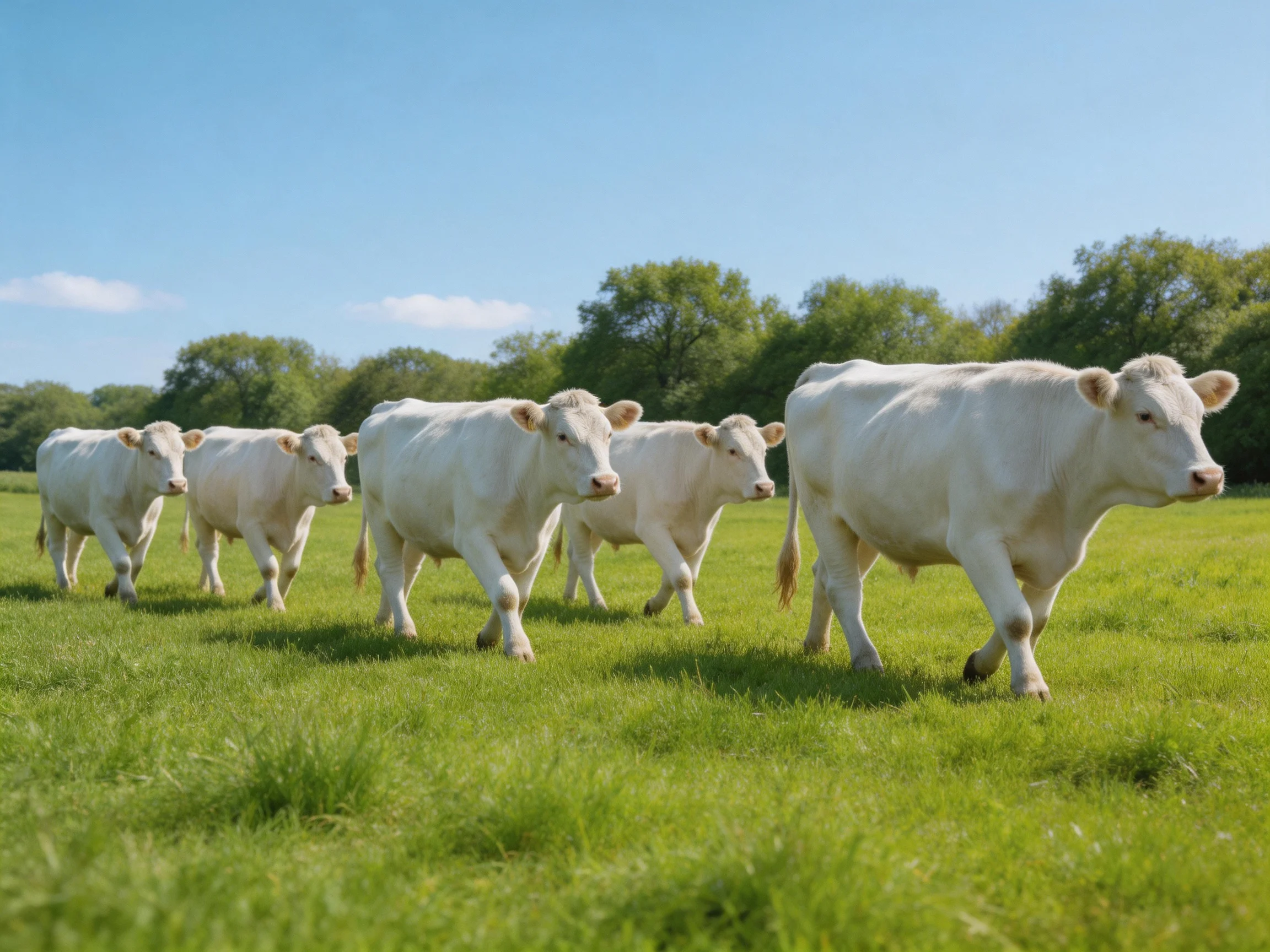 Six white cows traverse a vibrant green meadow under clear blue sky