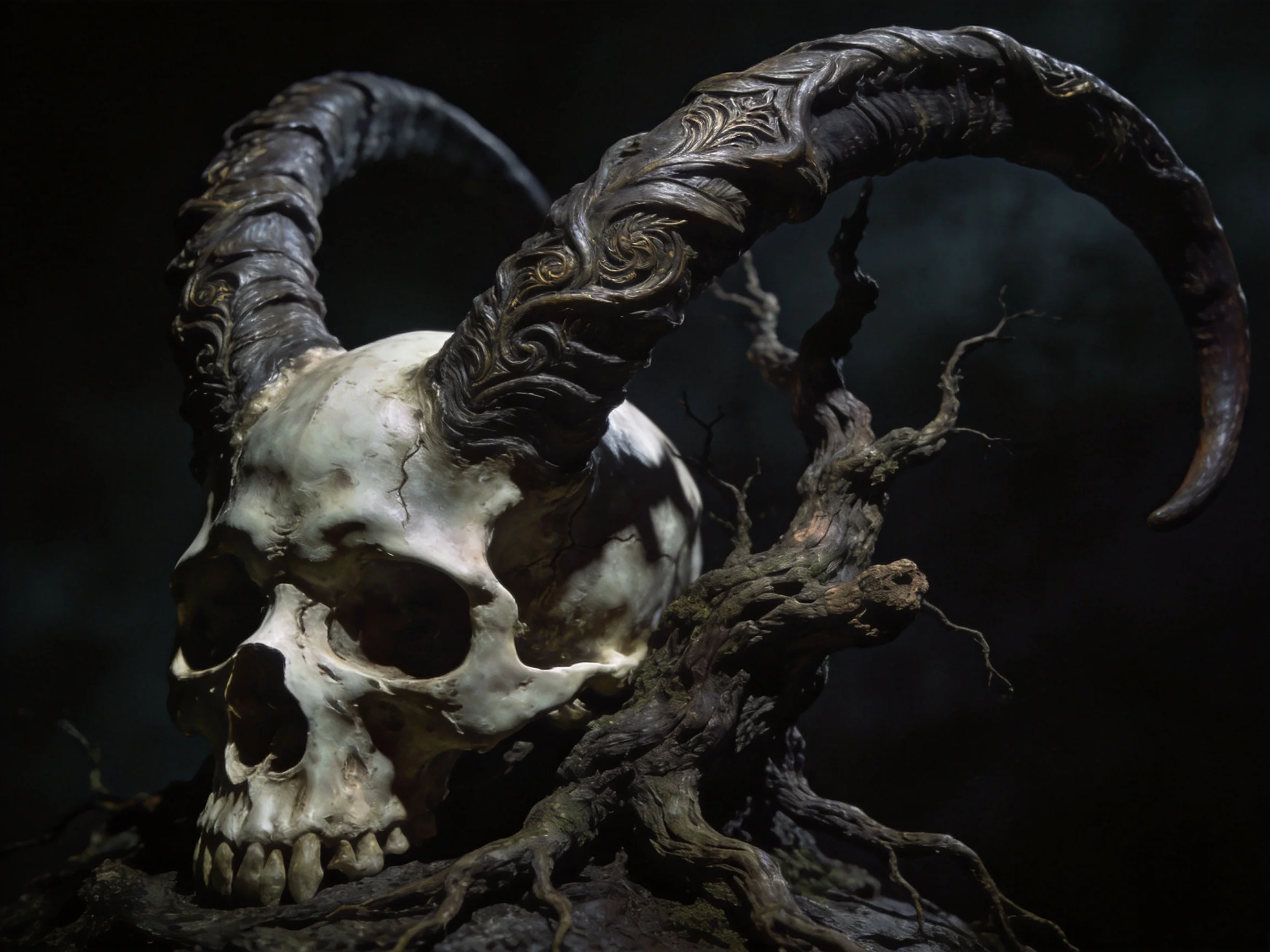 Skull with large curved horns resting on gnarled wood in dim lighting