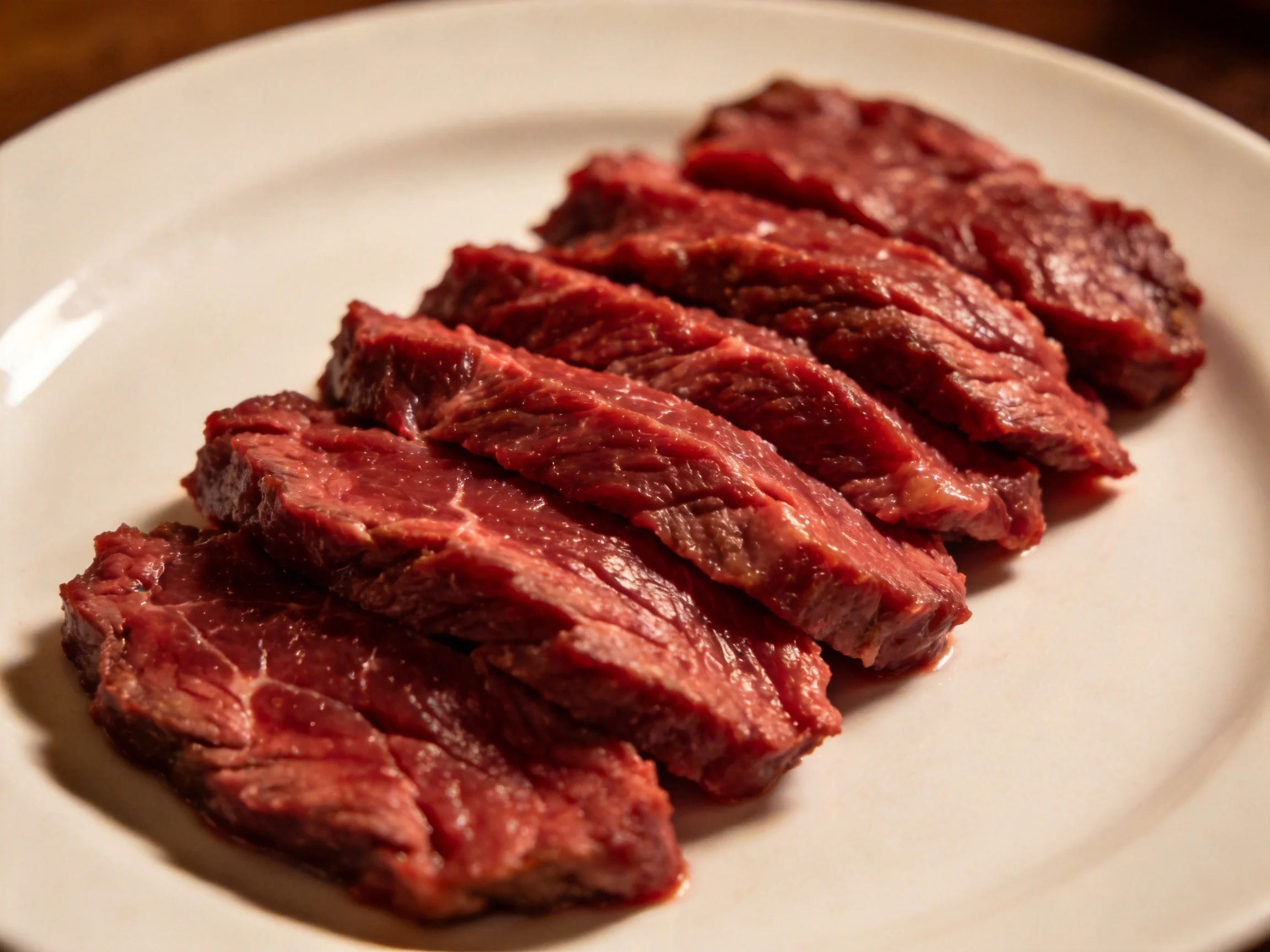Sliced maroon beef neatly arranged on a white plate